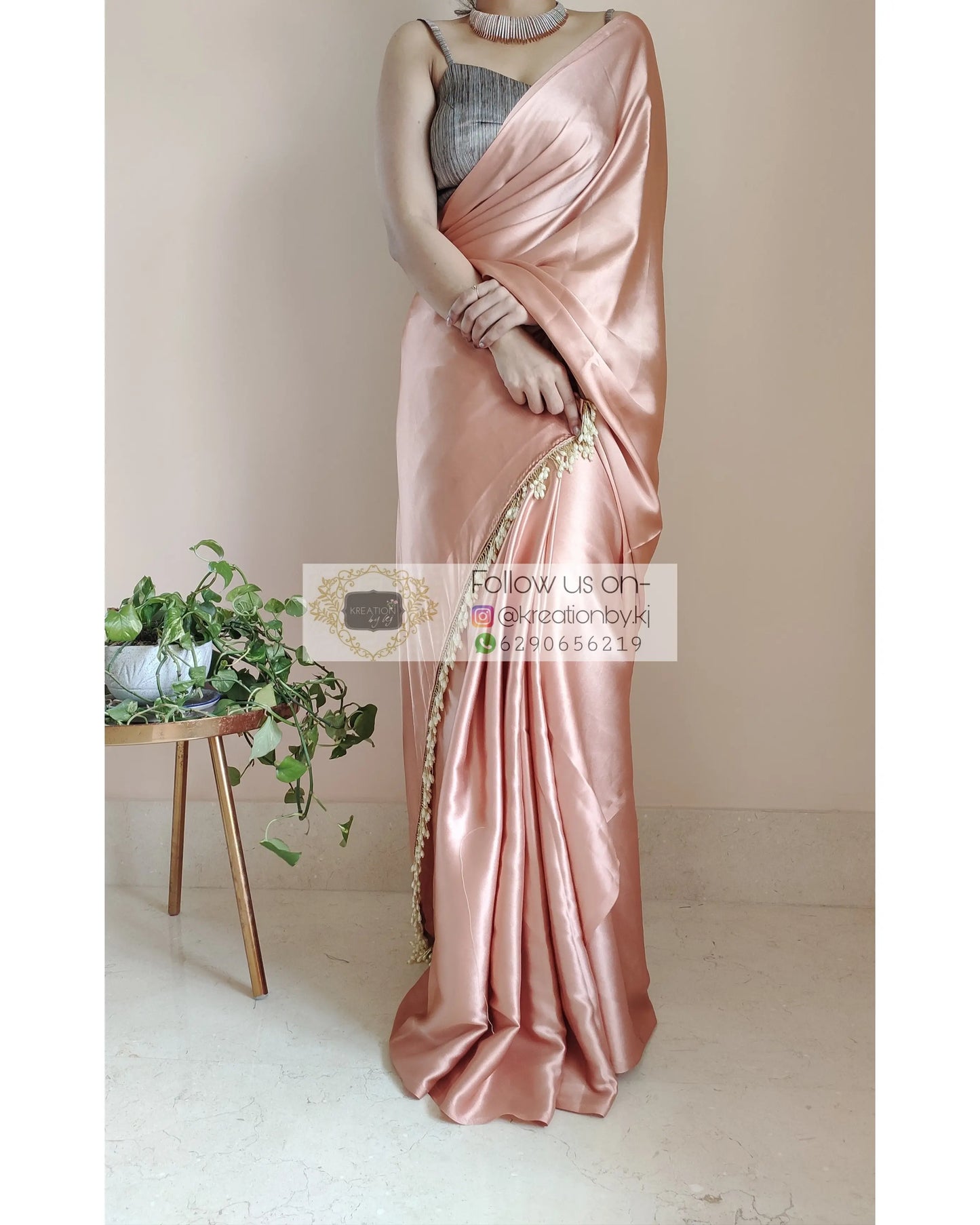 Caramel Satin Silk Saree With Handmade Tassels On Pallu - kreationbykj