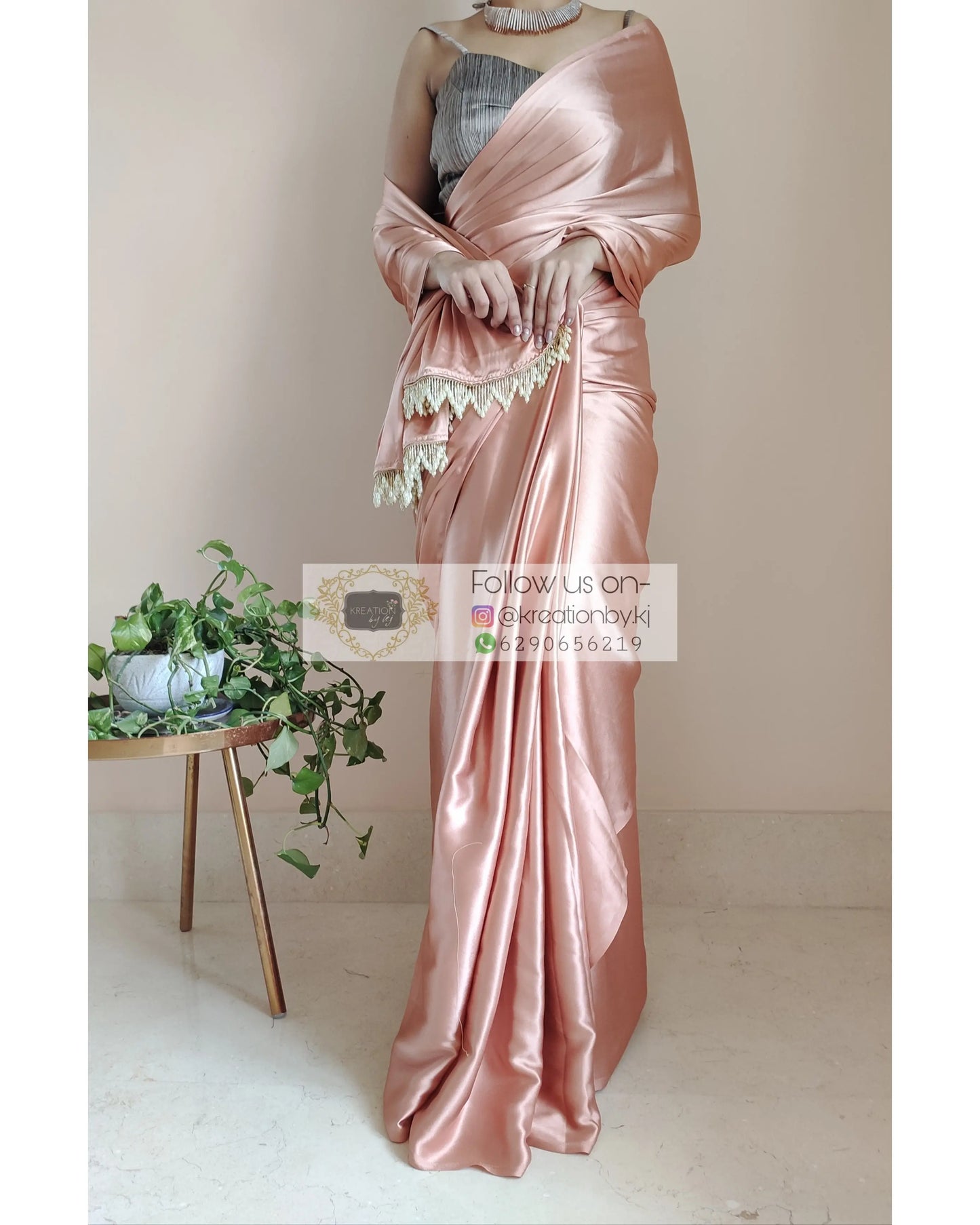 Caramel Satin Silk Saree With Handmade Tassels On Pallu - kreationbykj