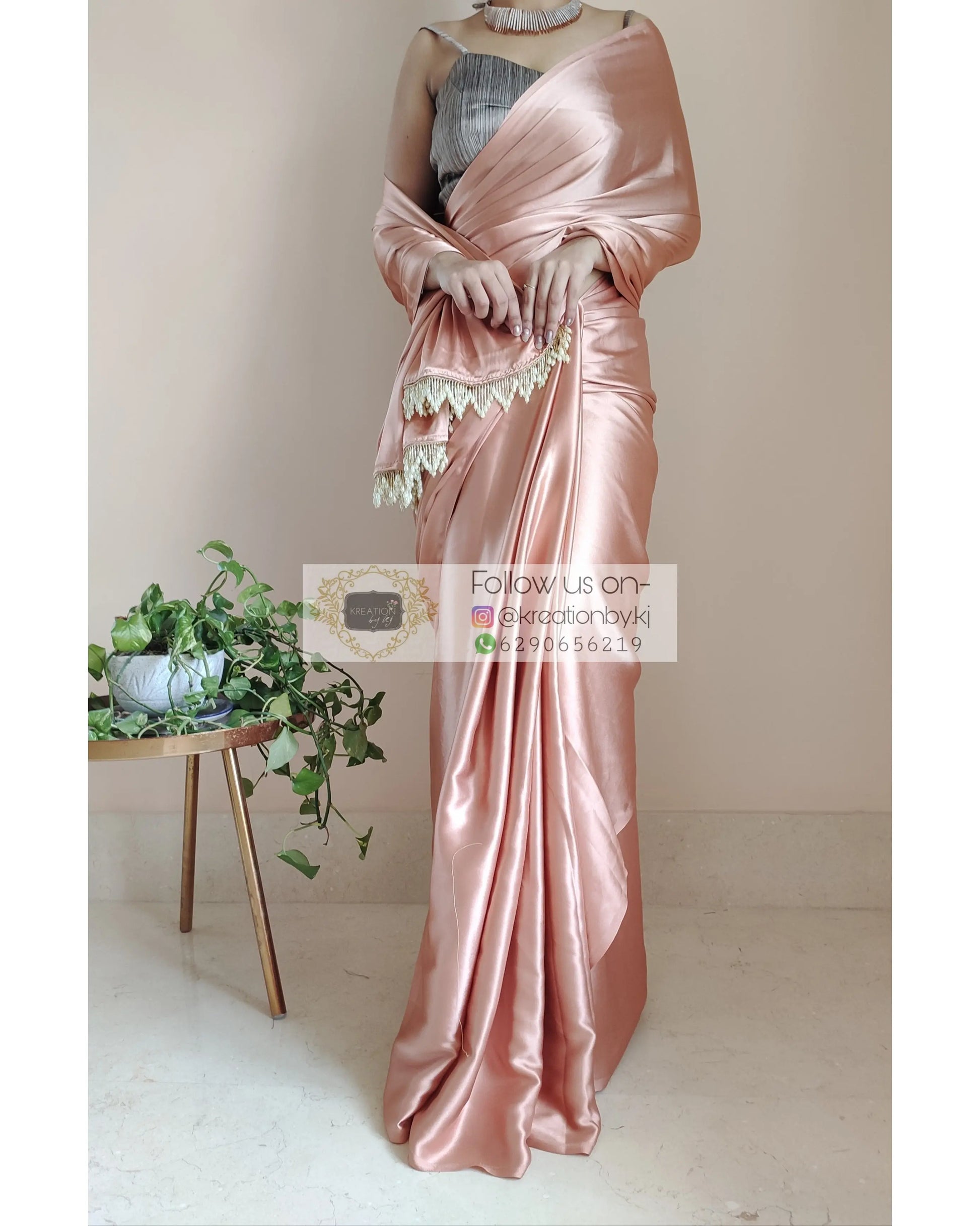 Caramel Satin Silk Saree With Handmade Tassels On Pallu - kreationbykj