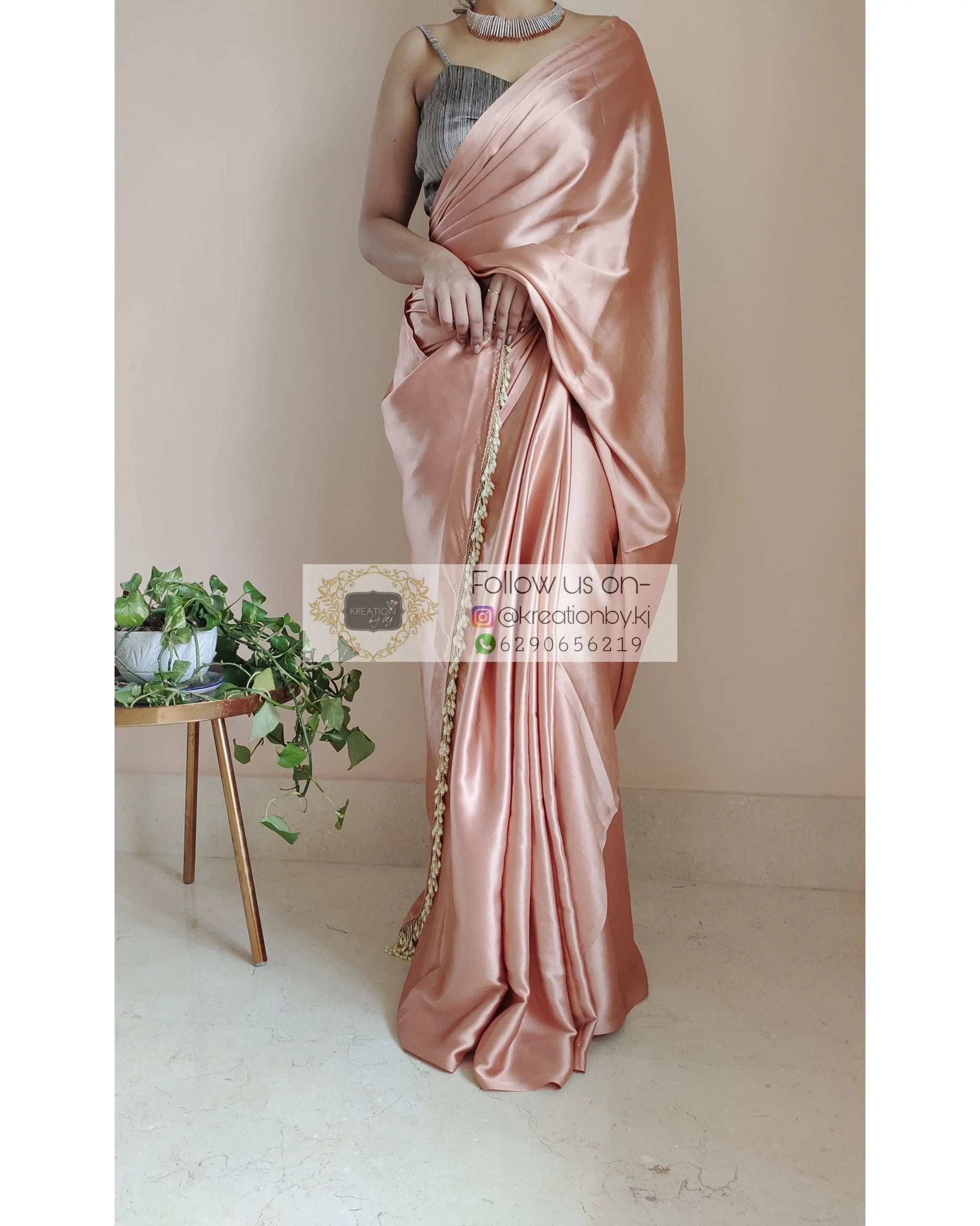 Caramel Satin Silk Saree With Handmade Tassels On Pallu - kreationbykj