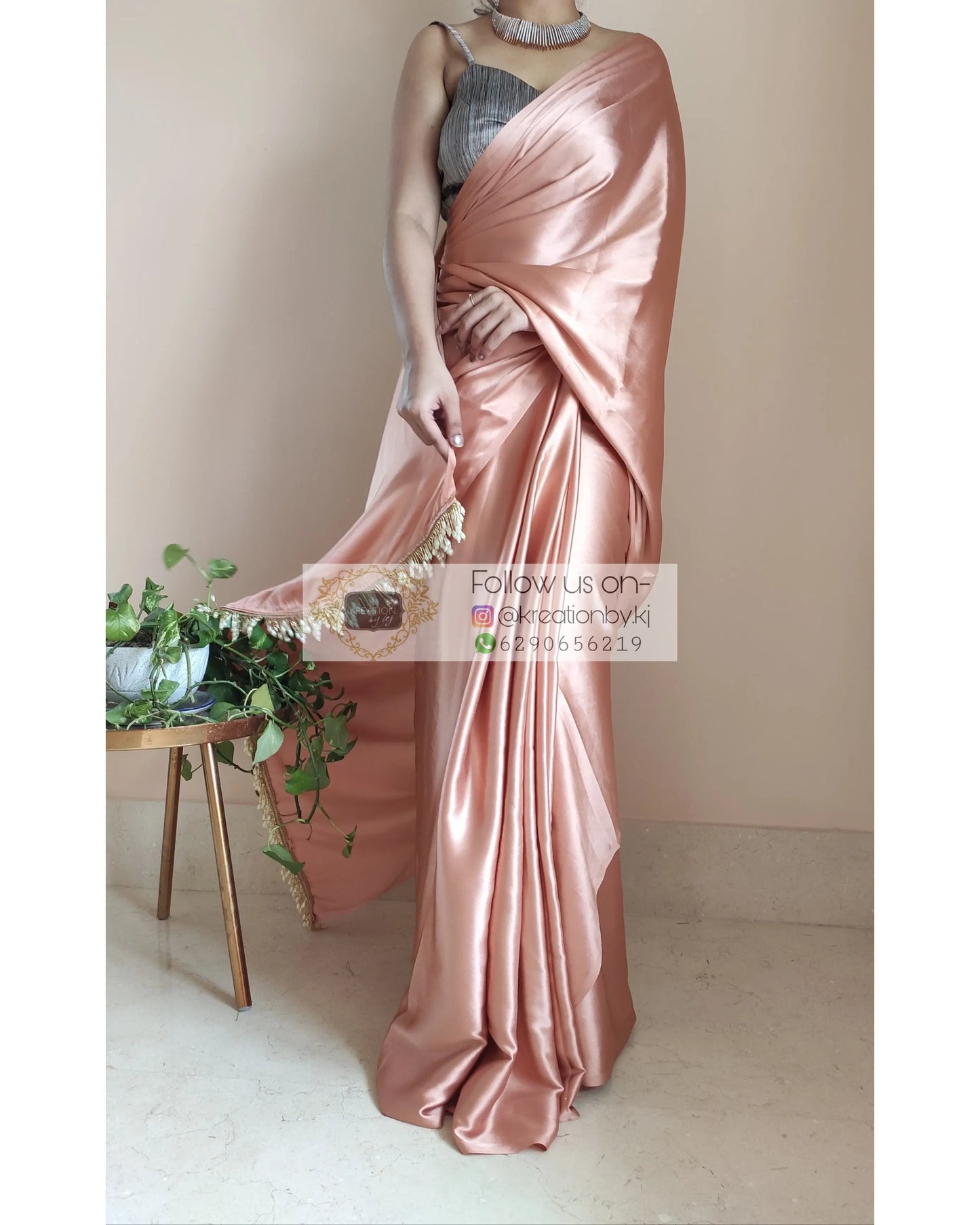 Caramel Satin Silk Saree With Handmade Tassels On Pallu - kreationbykj