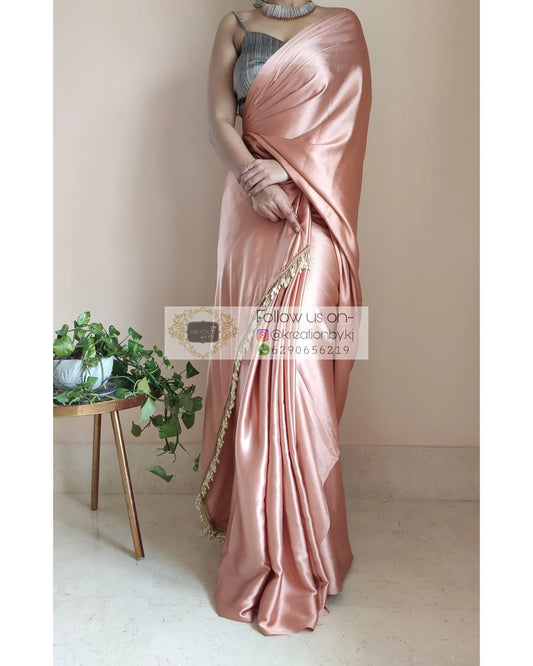 Caramel Satin Silk Saree With Handmade Tassels On Pallu - kreationbykj