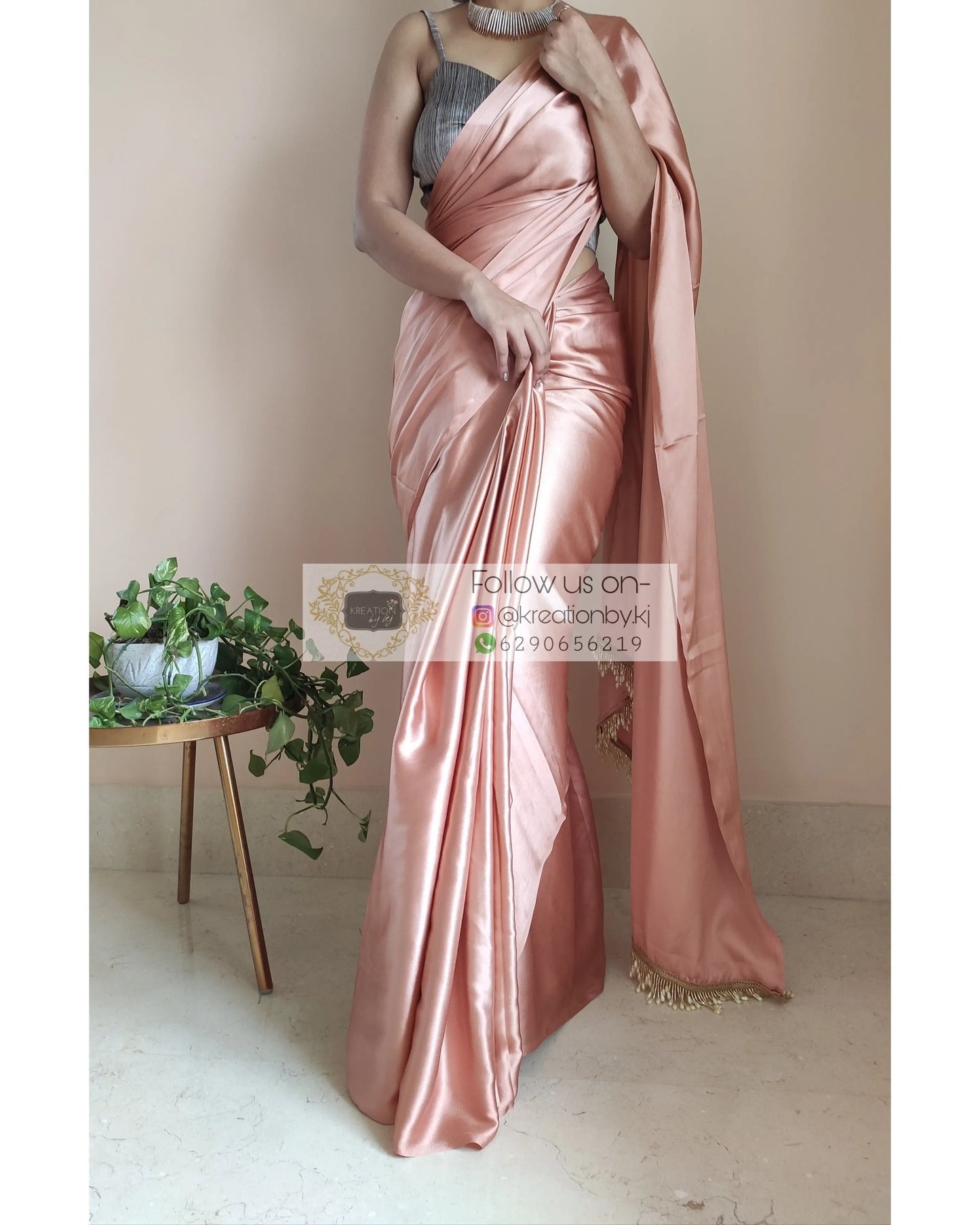 Caramel Satin Silk Saree With Handmade Tassels On Pallu - kreationbykj