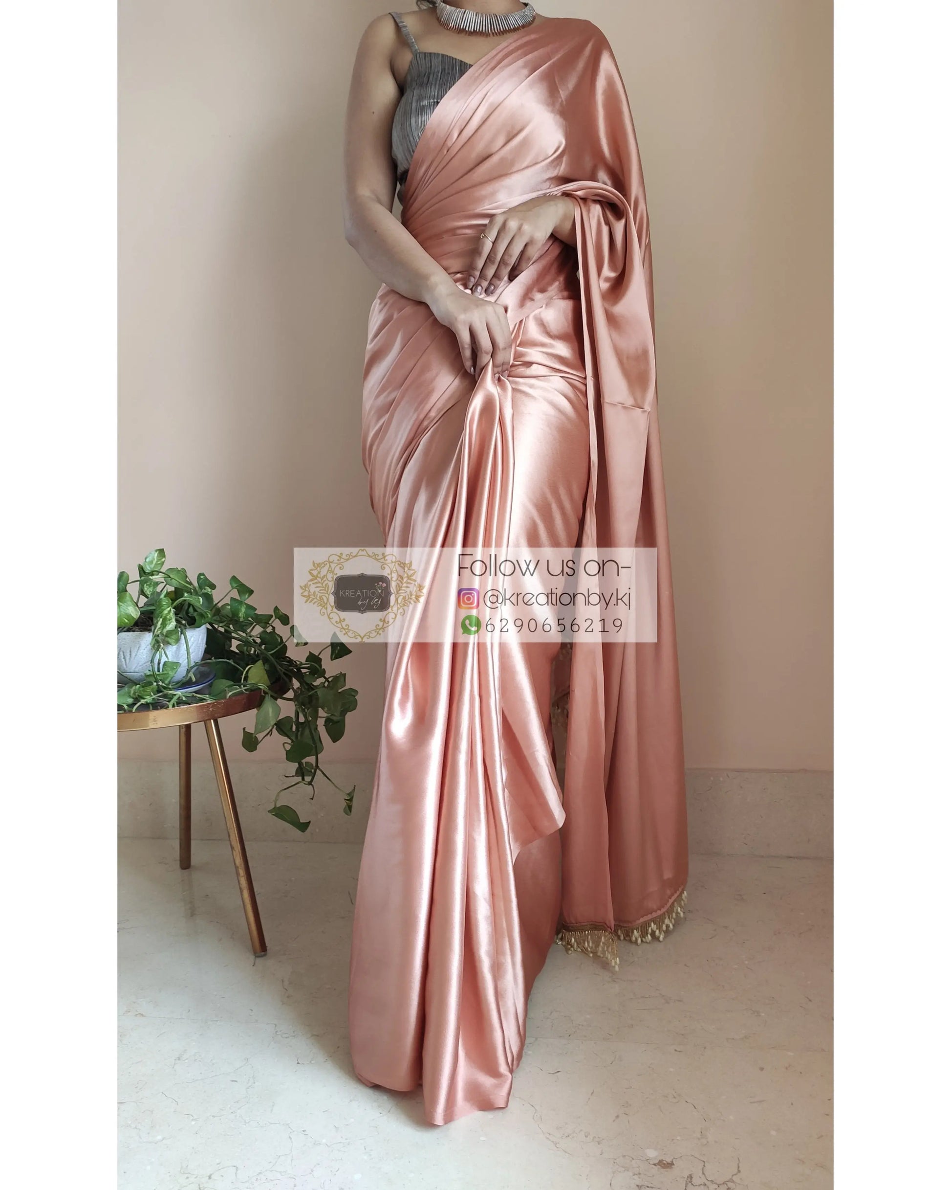Caramel Satin Silk Saree With Handmade Tassels On Pallu - kreationbykj
