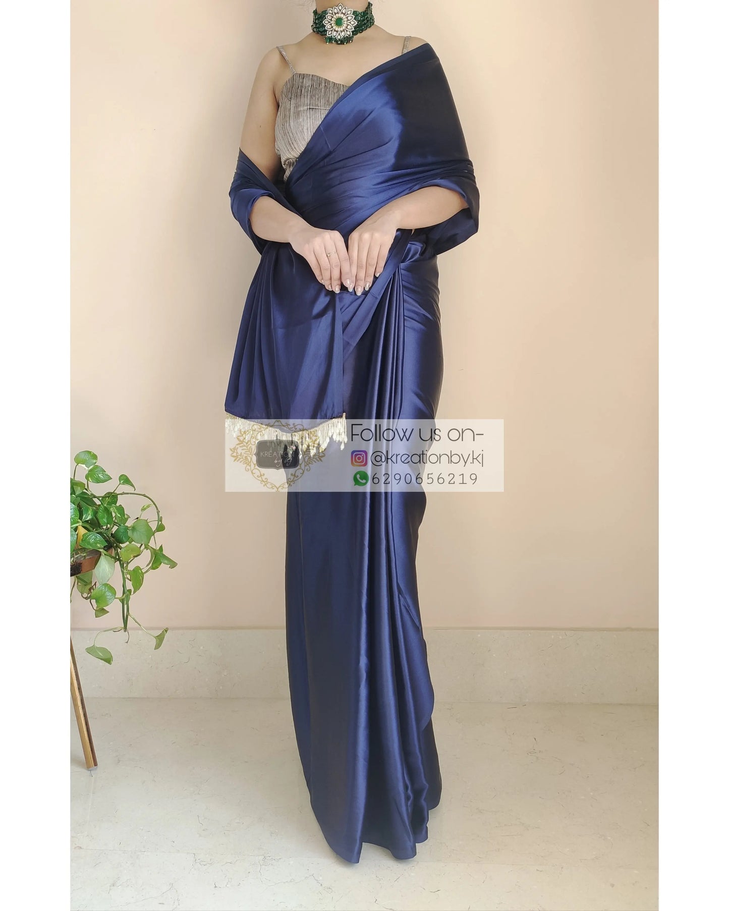 Navy Blue Satin Silk Saree With Handmade Tassels on Pallu - kreationbykj