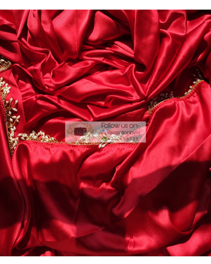 Crimson Red Satin Silk Saree With Handmade Tassels On Pallu - kreationbykj
