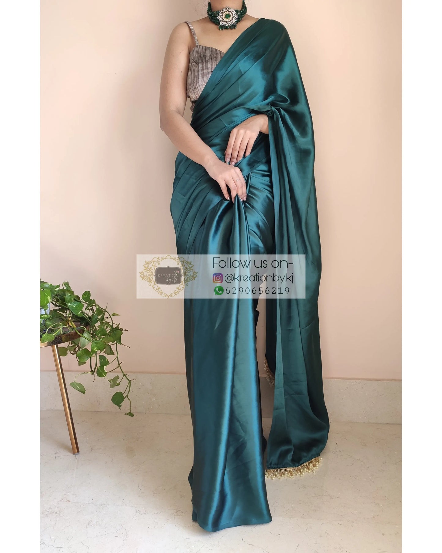 Pine Green Satin Silk Saree With Handmade Tassels On Pallu - kreationbykj