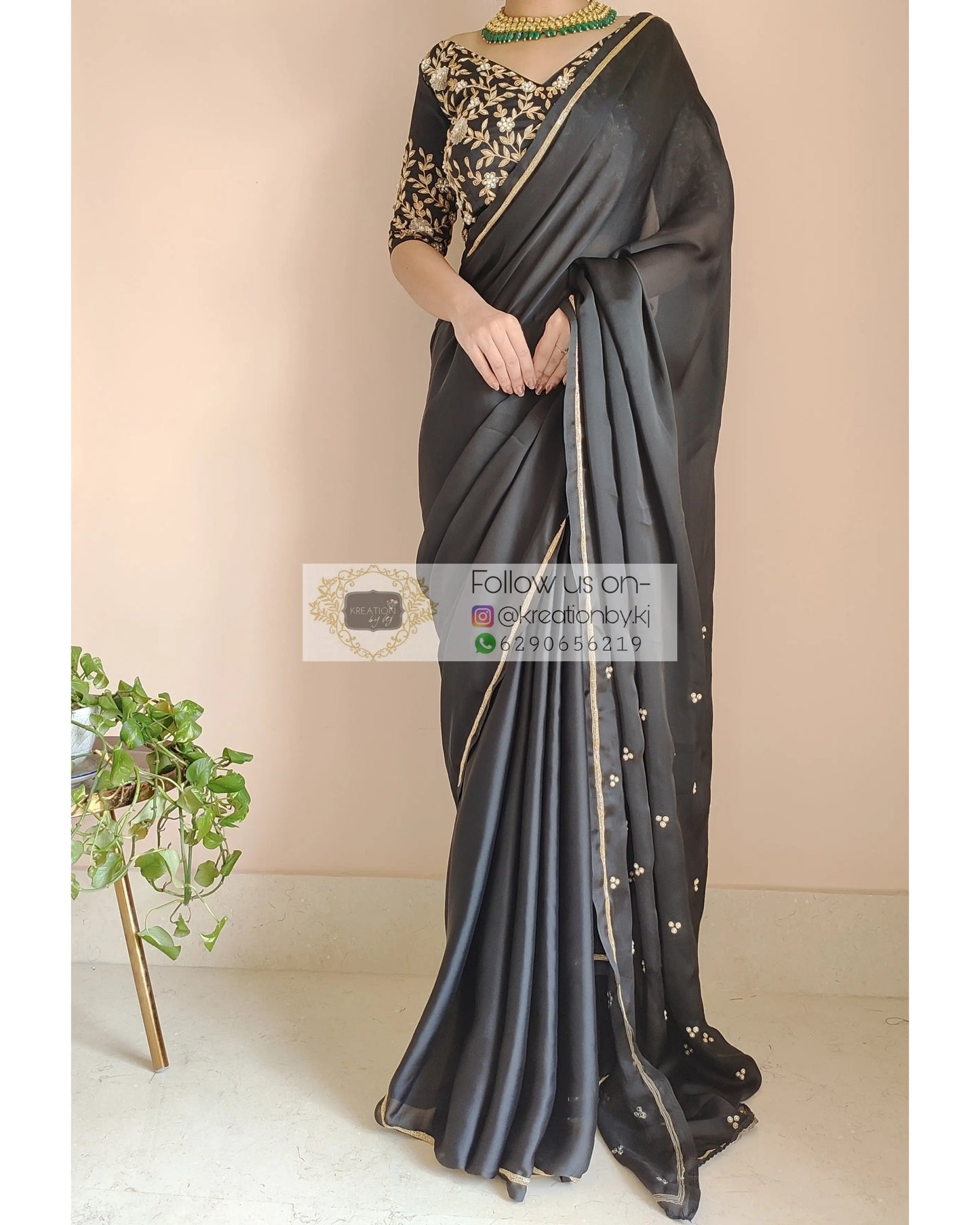 Black Crepe Silk Saree With Heavily Embroidered Blouse - kreationbykj