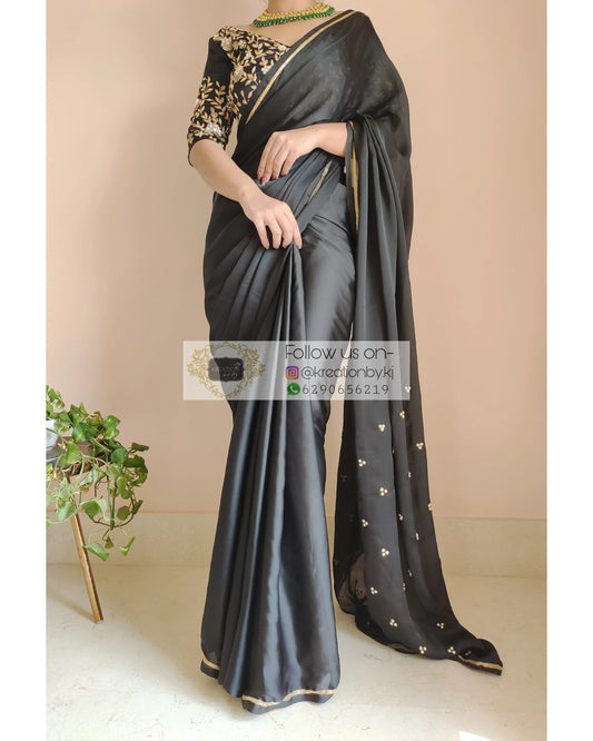 Black Crepe Silk Saree With Heavily Embroidered Blouse - kreationbykj