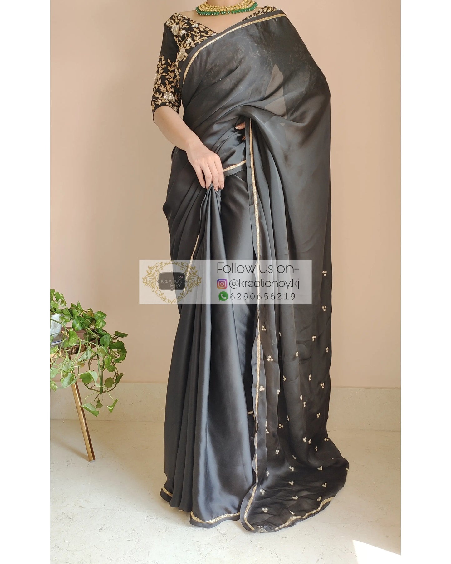 Black Crepe Silk Saree With Heavily Embroidered Blouse - kreationbykj