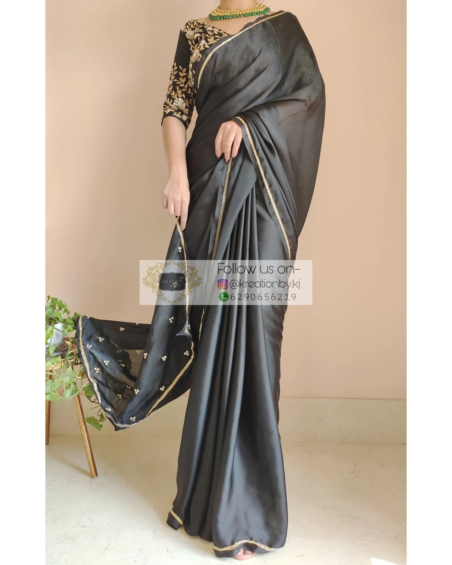 Black Crepe Silk Saree With Heavily Embroidered Blouse - kreationbykj