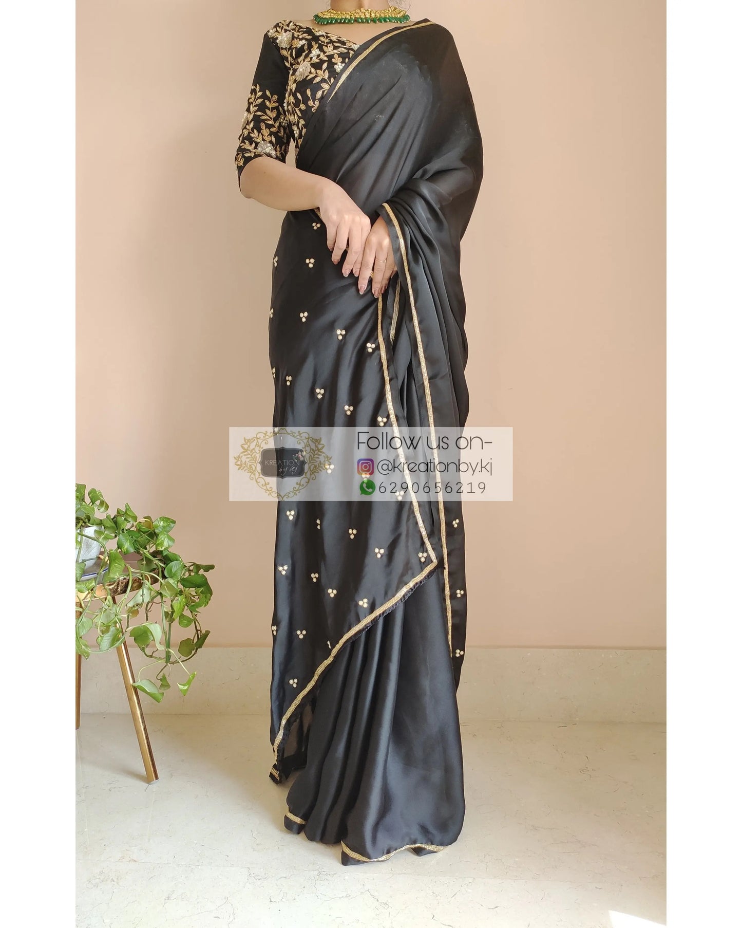 Black Crepe Silk Saree With Heavily Embroidered Blouse - kreationbykj