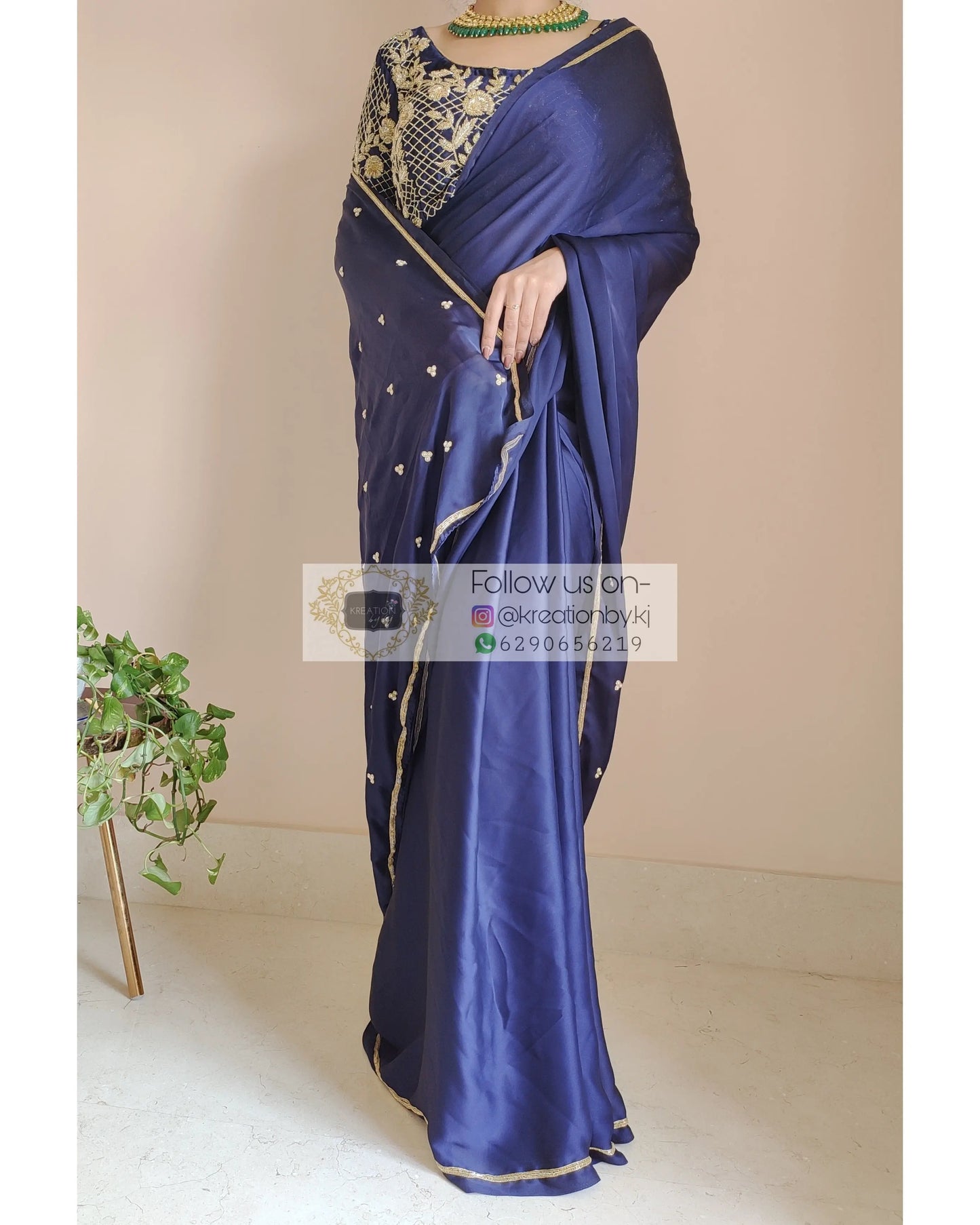 Navy Blue Crepe Silk Saree With Heavy Blouse - kreationbykj