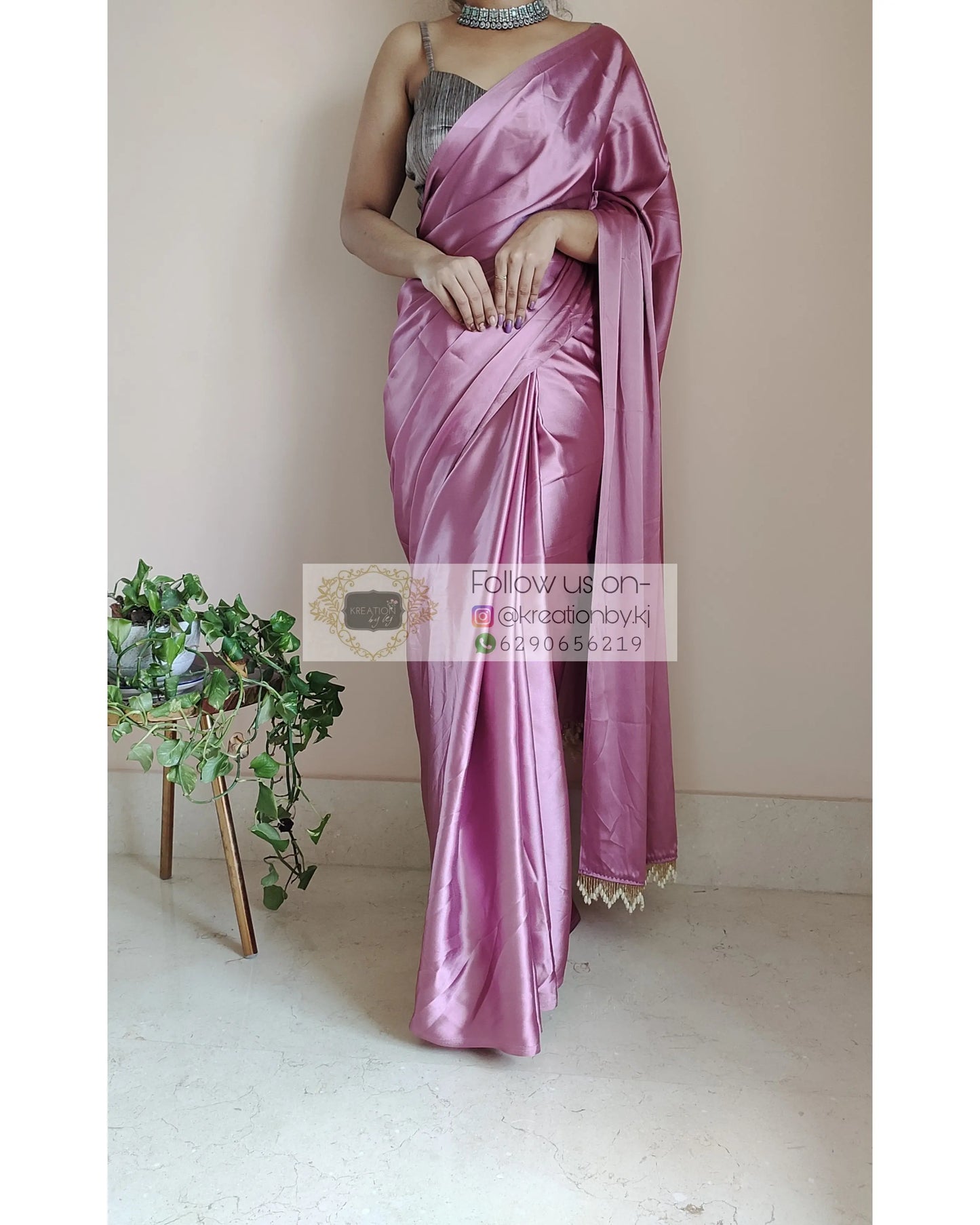 Mauve Satin Silk Saree With Handmade Tassels On Pallu - kreationbykj