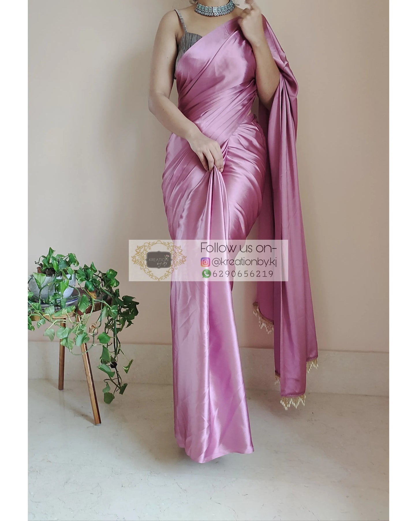 Mauve Satin Silk Saree With Handmade Tassels On Pallu - kreationbykj
