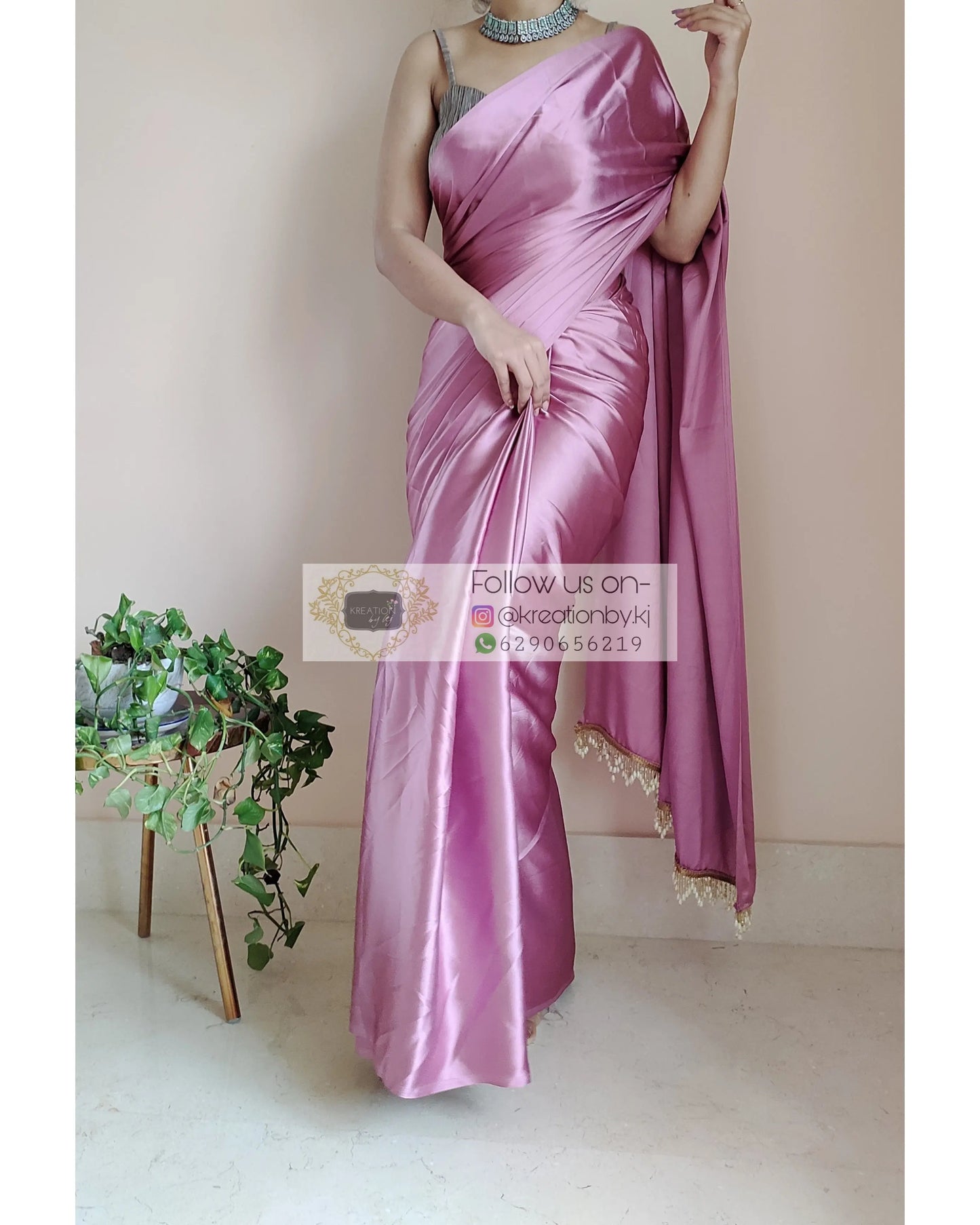 Mauve Satin Silk Saree With Handmade Tassels On Pallu - kreationbykj