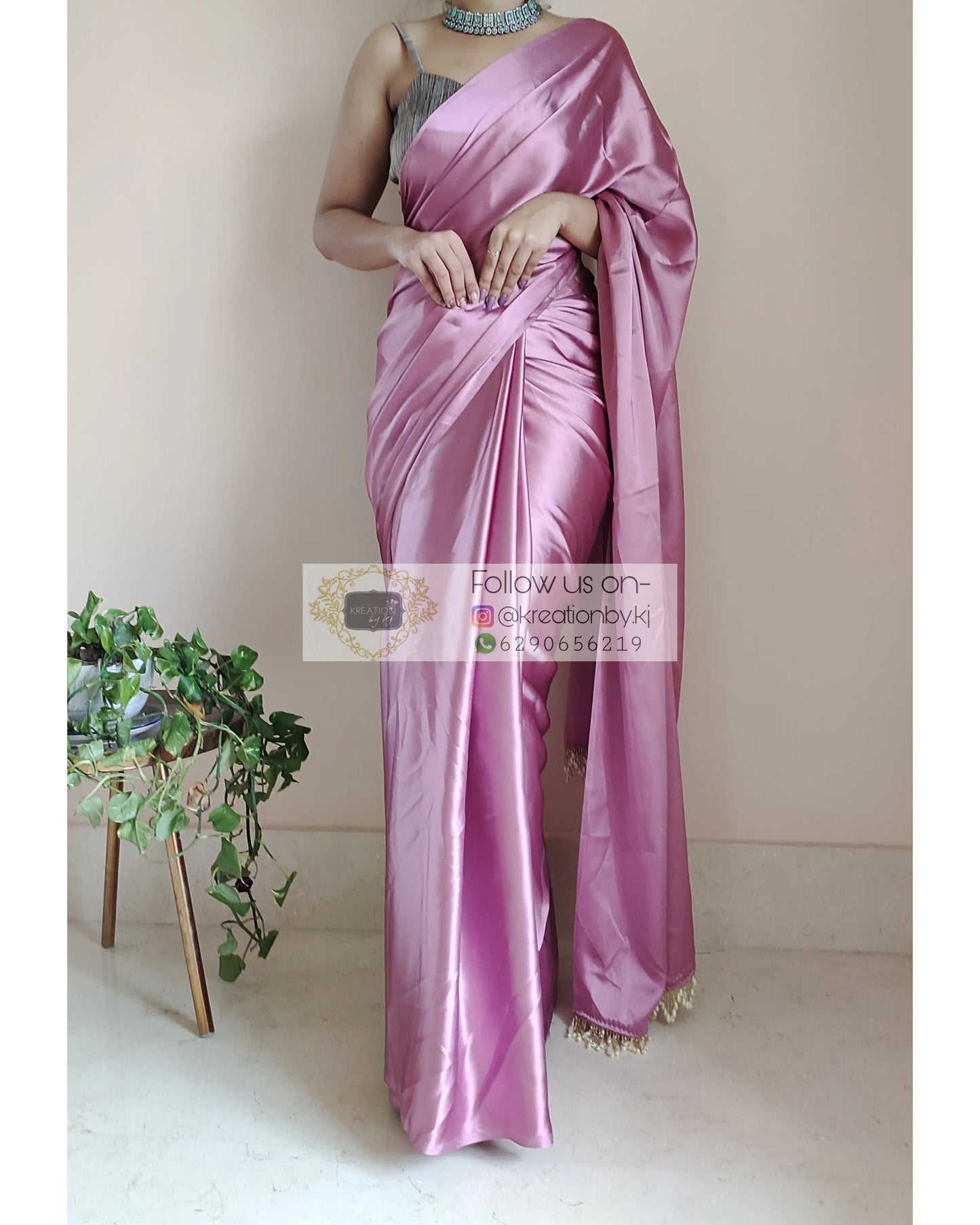 Mauve Satin Silk Saree With Handmade Tassels On Pallu - kreationbykj
