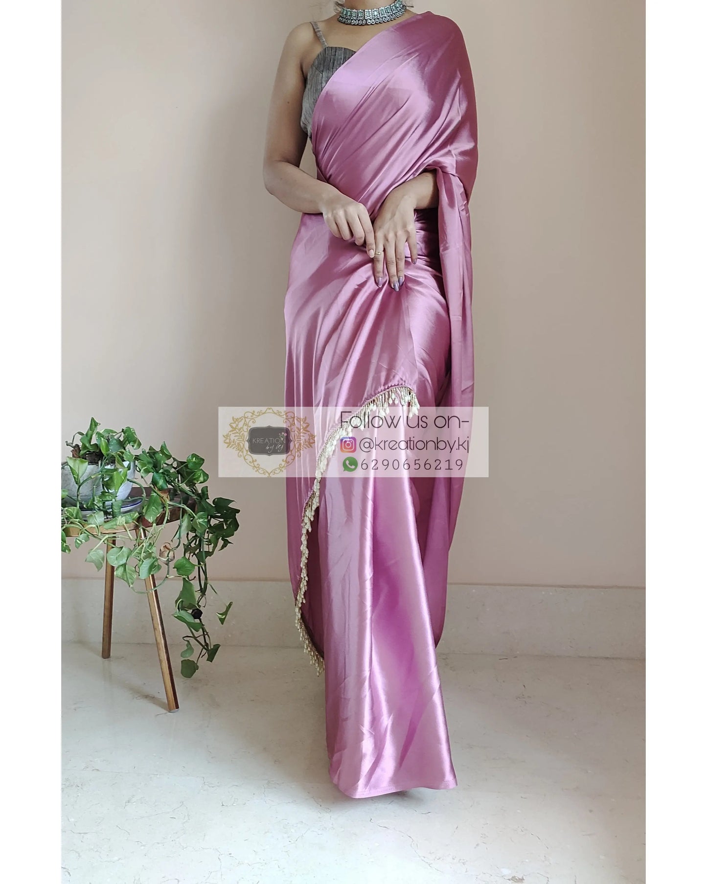 Mauve Satin Silk Saree With Handmade Tassels On Pallu - kreationbykj