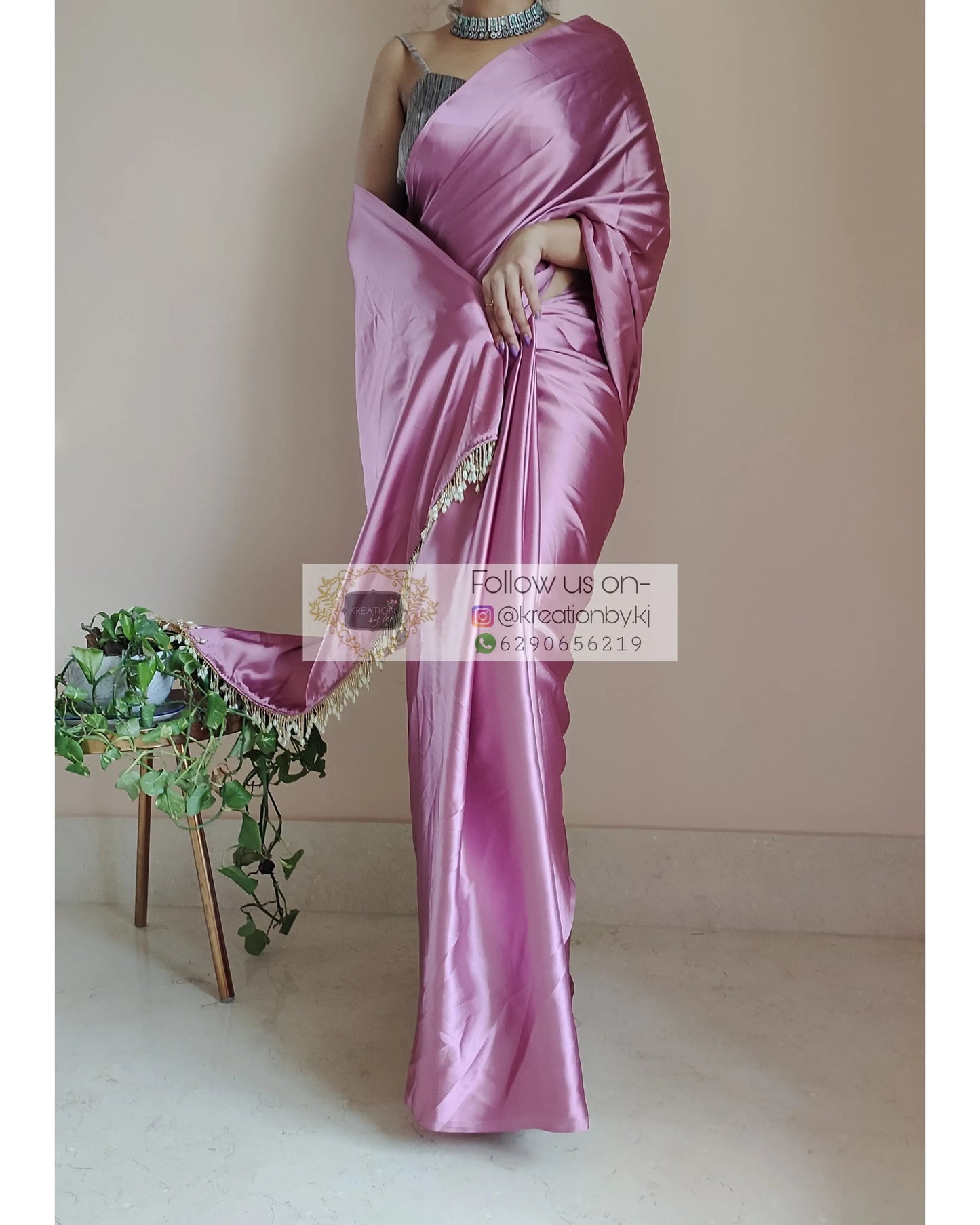 Mauve Satin Silk Saree With Handmade Tassels On Pallu - kreationbykj