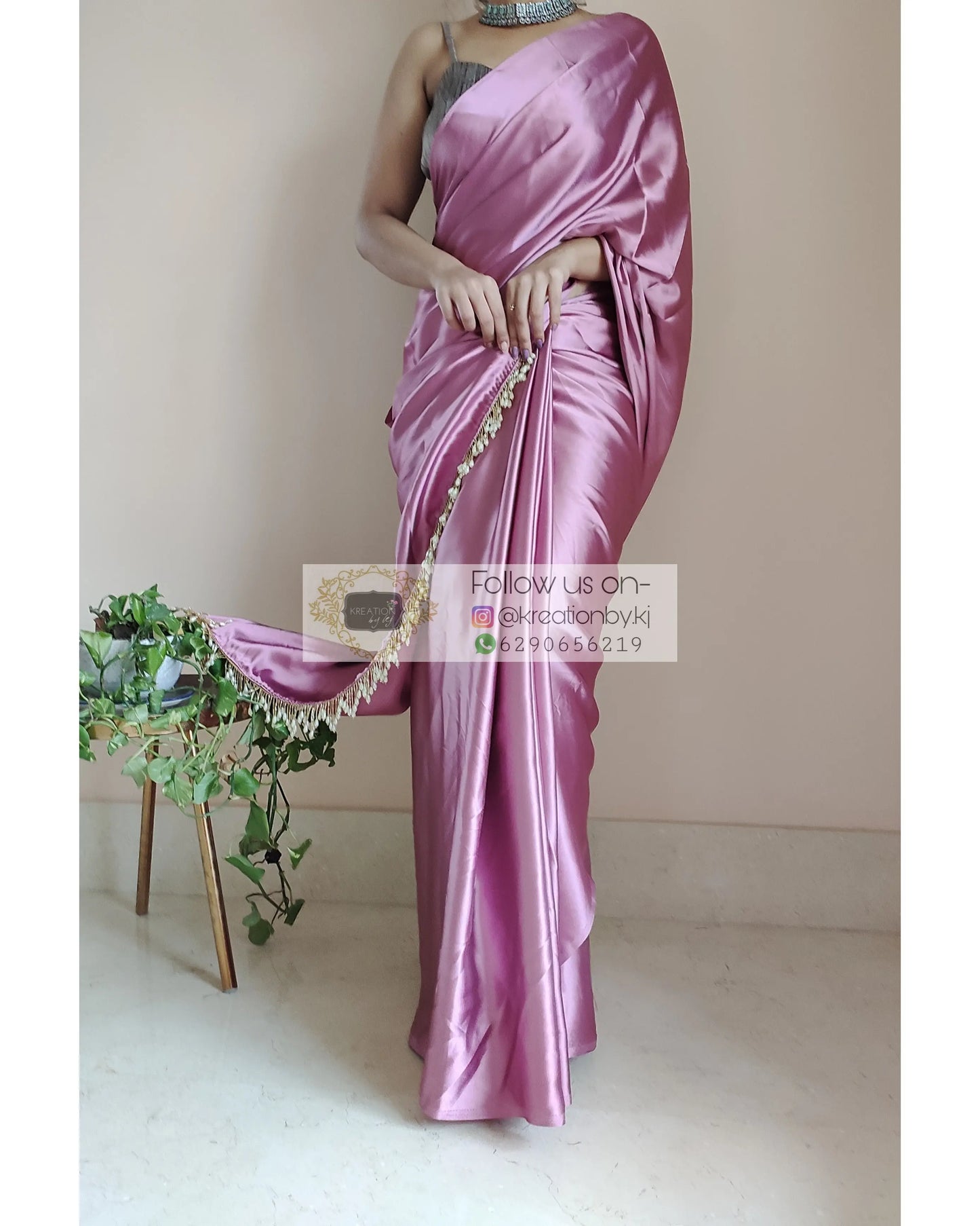 Mauve Satin Silk Saree With Handmade Tassels On Pallu - kreationbykj