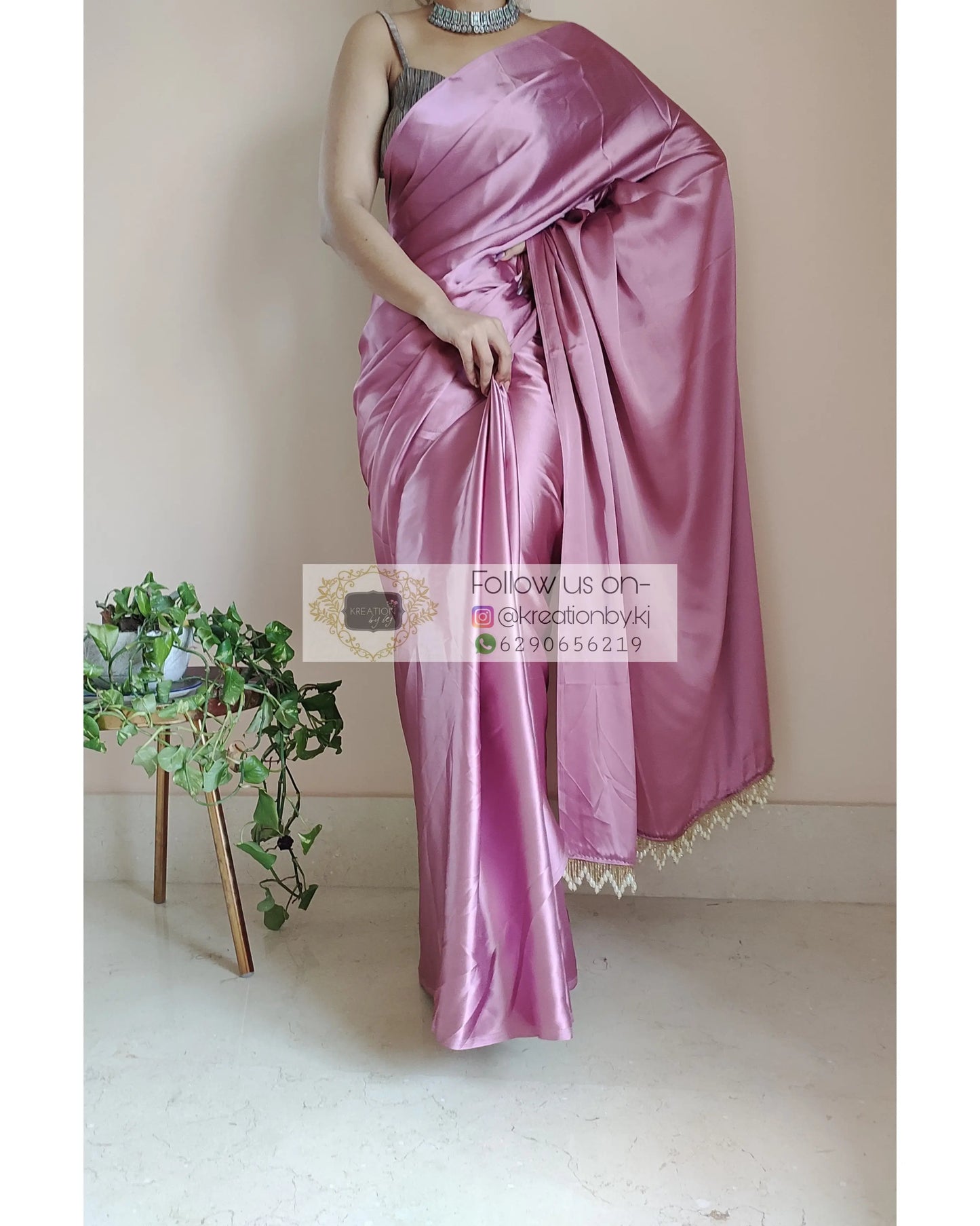 Mauve Satin Silk Saree With Handmade Tassels On Pallu - kreationbykj