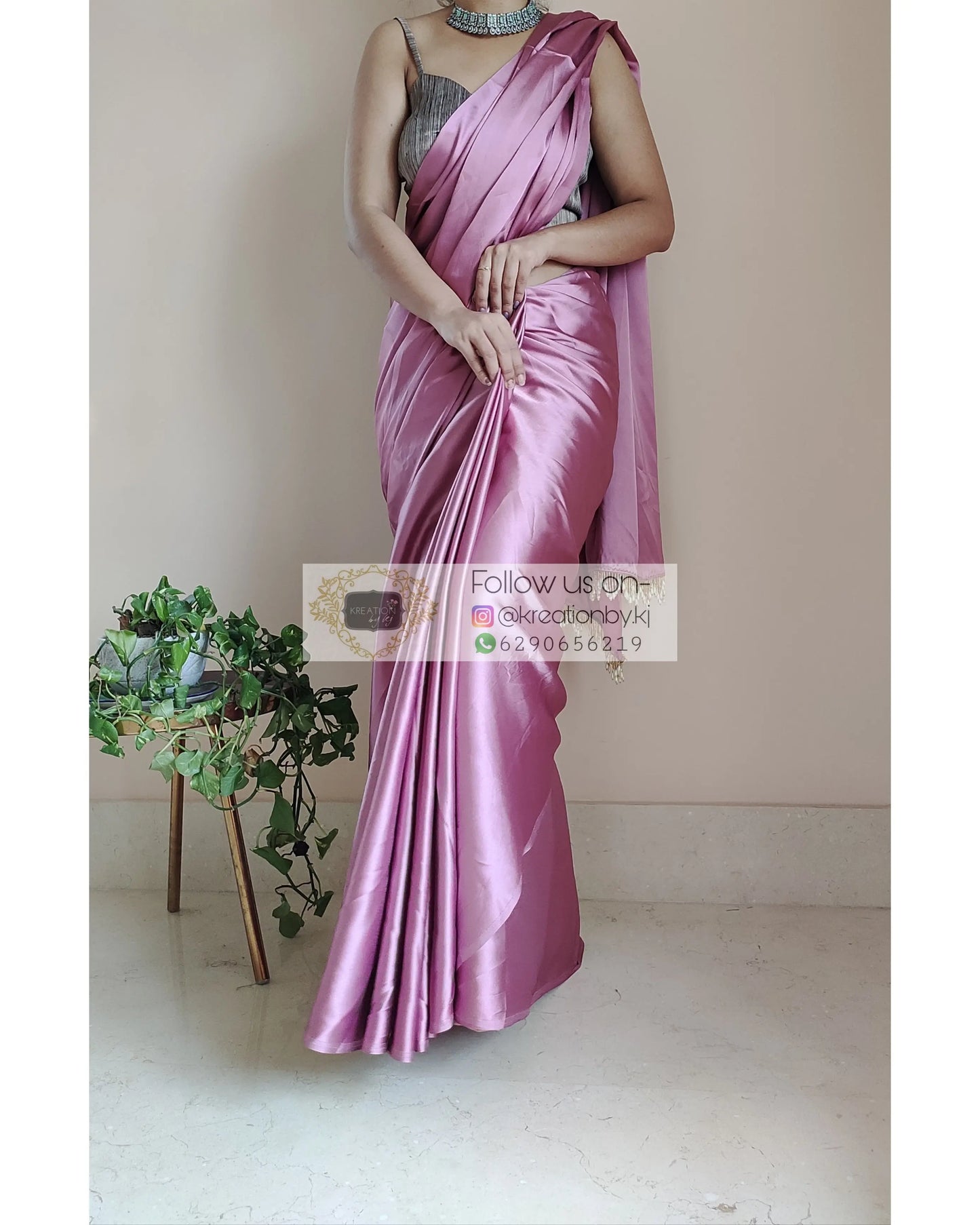 Mauve Satin Silk Saree With Handmade Tassels On Pallu - kreationbykj