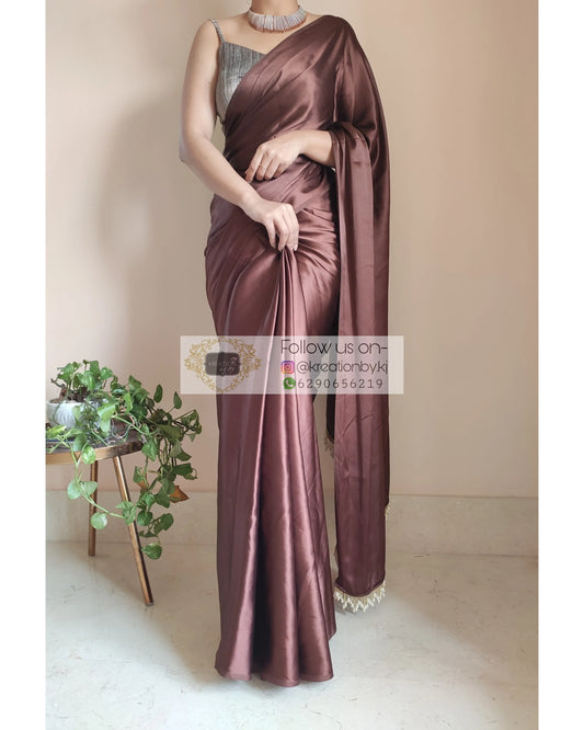 Coffee Brown Satin Silk Saree With Handmade Tassels On Pallu - kreationbykj