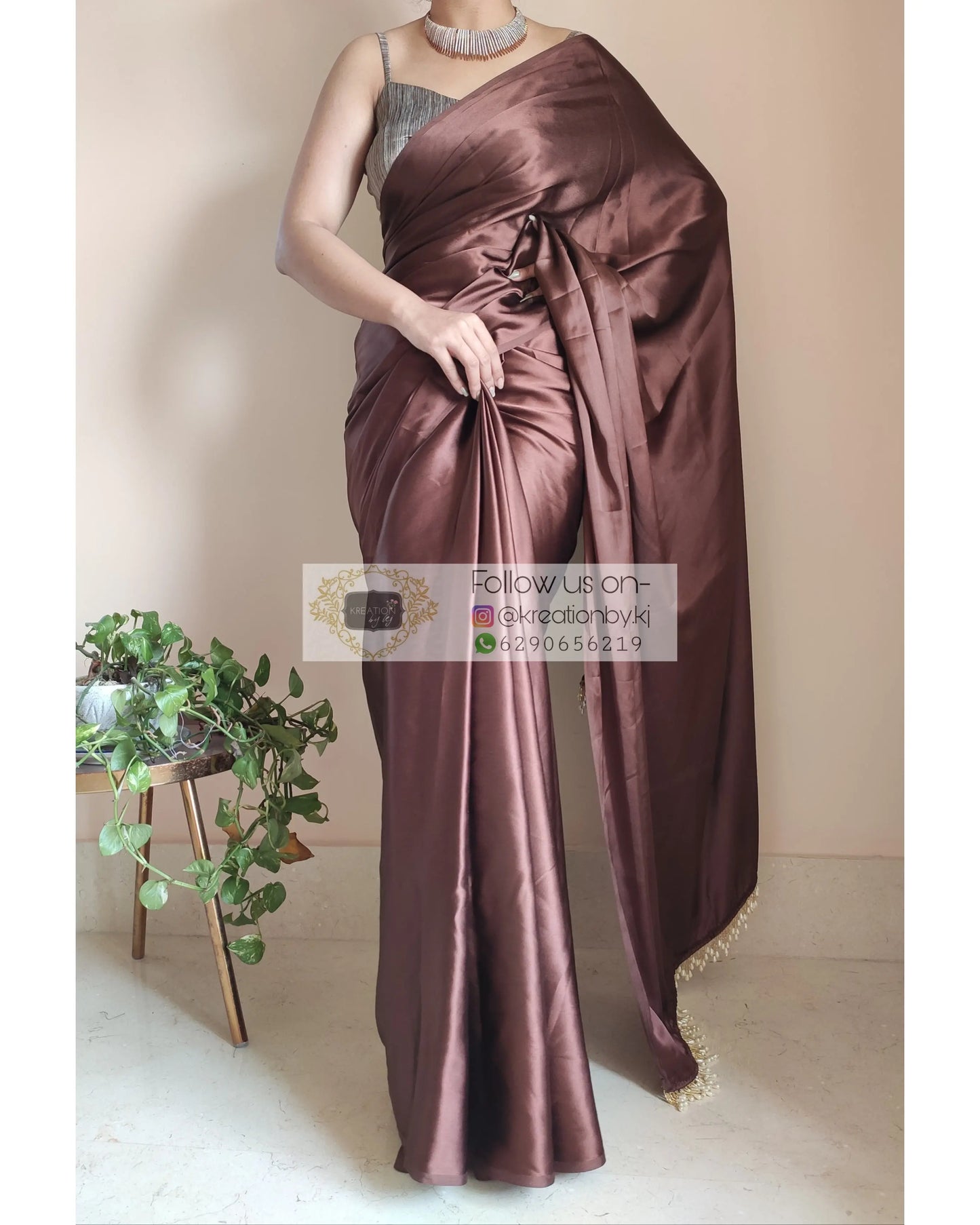 Coffee Brown Satin Silk Saree With Handmade Tassels On Pallu - kreationbykj