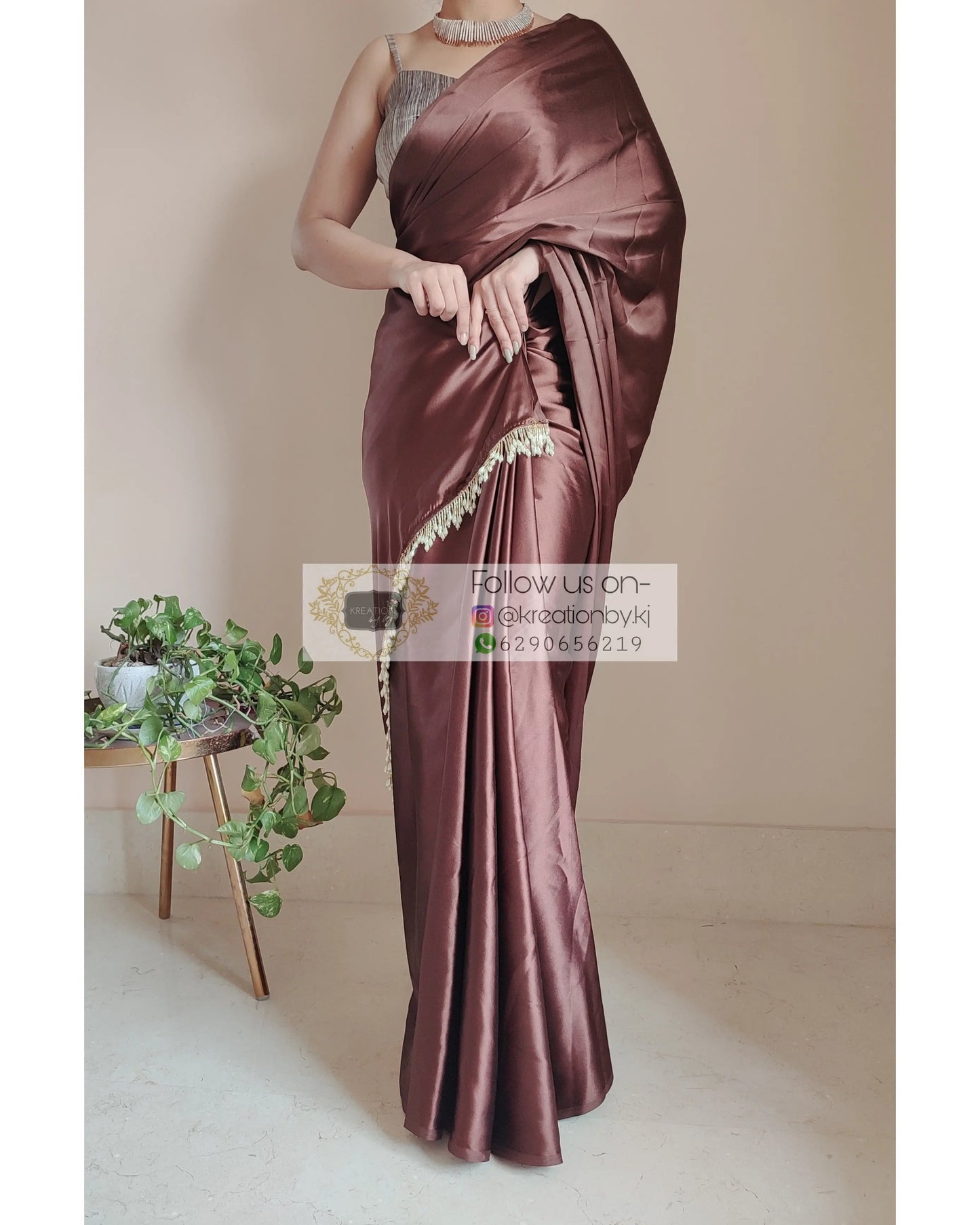 Coffee Brown Satin Silk Saree With Handmade Tassels On Pallu - kreationbykj