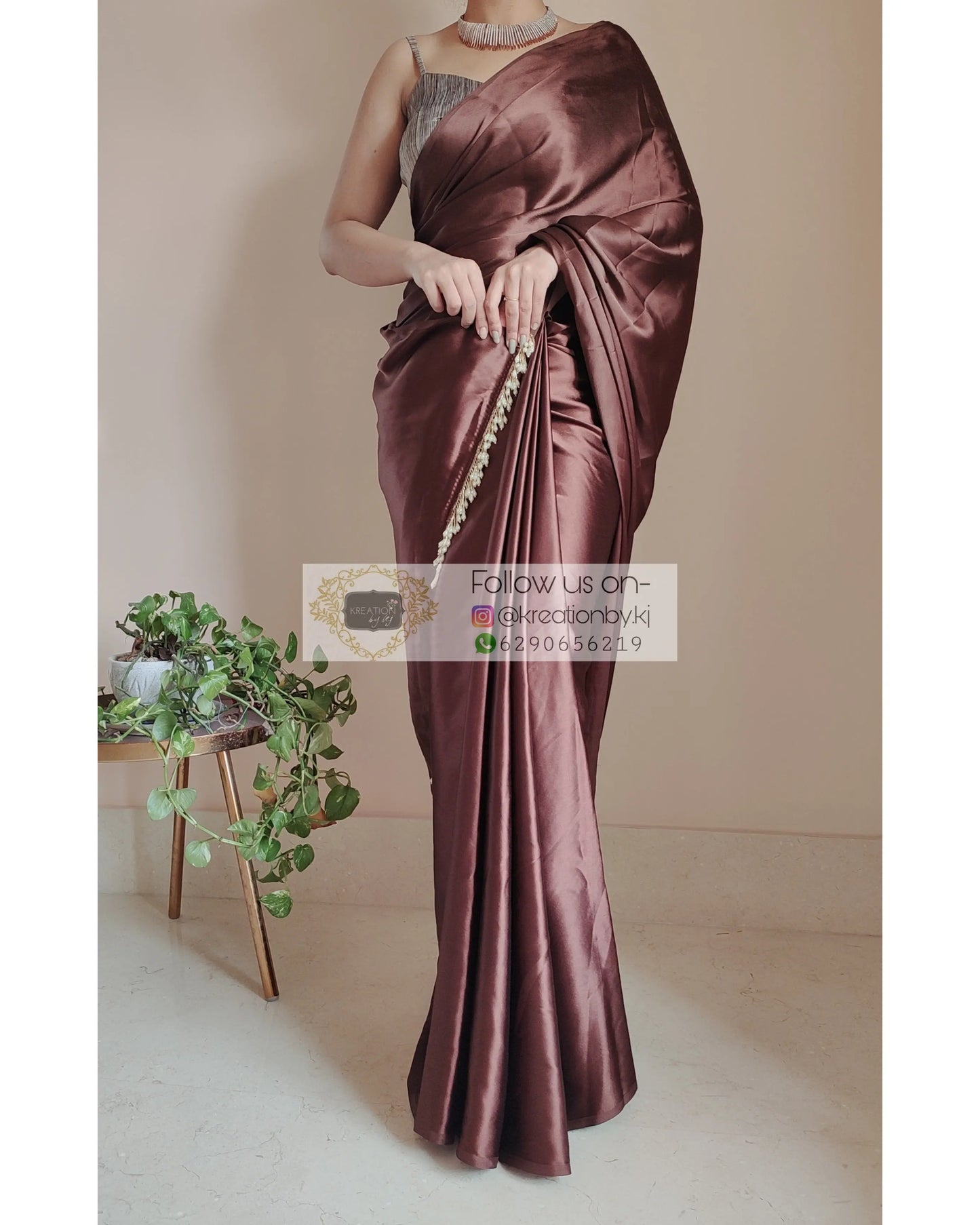 Coffee Brown Satin Silk Saree With Handmade Tassels On Pallu - kreationbykj