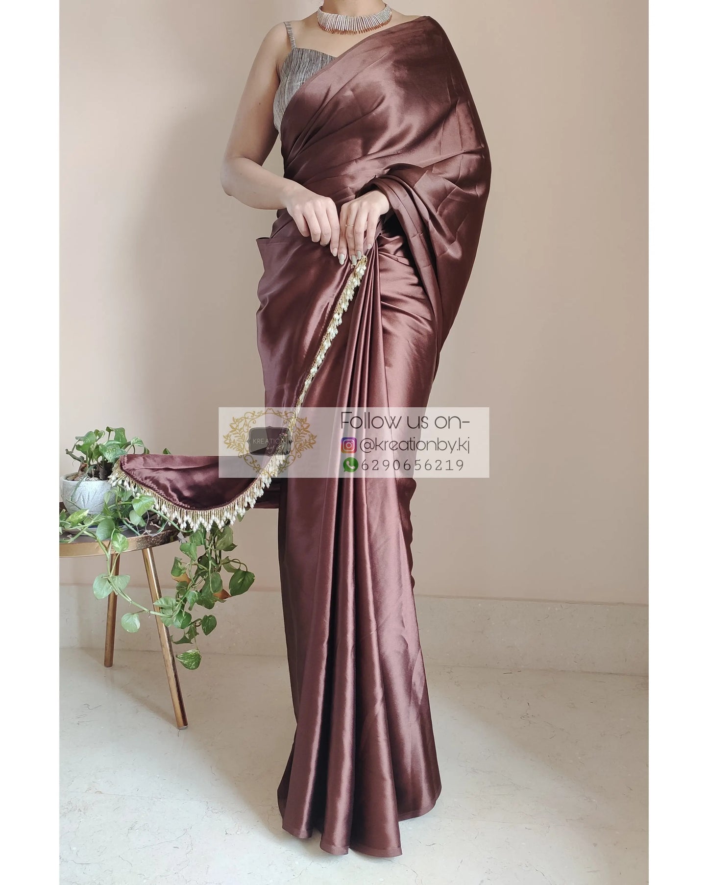 Coffee Brown Satin Silk Saree With Handmade Tassels On Pallu - kreationbykj