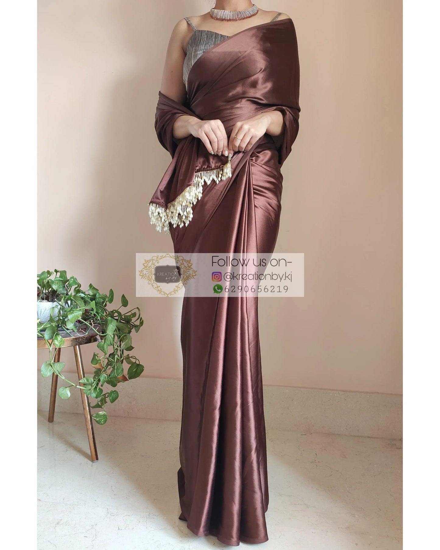 Coffee Brown Satin Silk Saree With Handmade Tassels On Pallu - kreationbykj