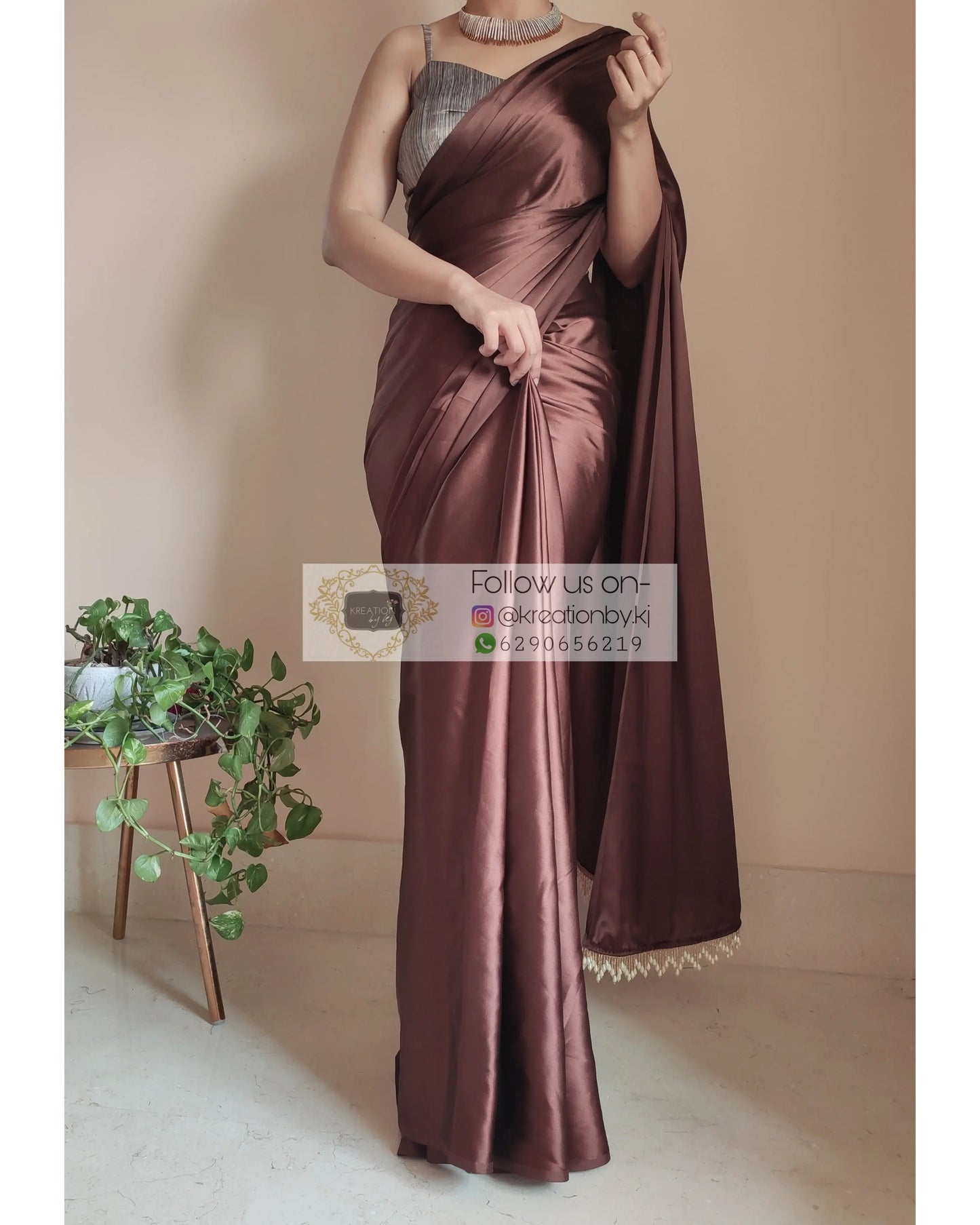 Coffee Brown Satin Silk Saree With Handmade Tassels On Pallu - kreationbykj