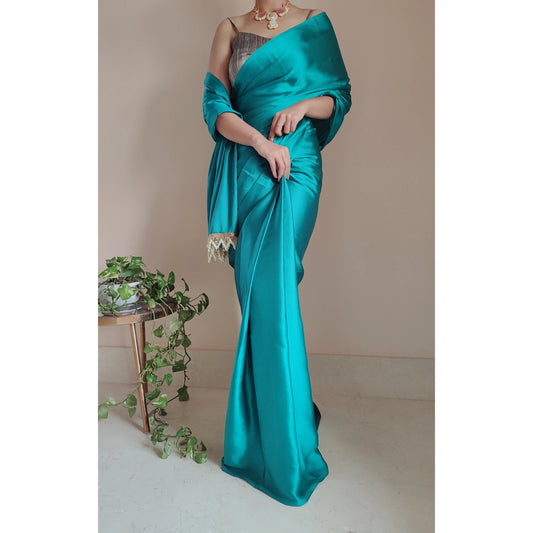 Sea Green Satin Silk Saree With Handmade Tassels On Pallu - kreationbykj
