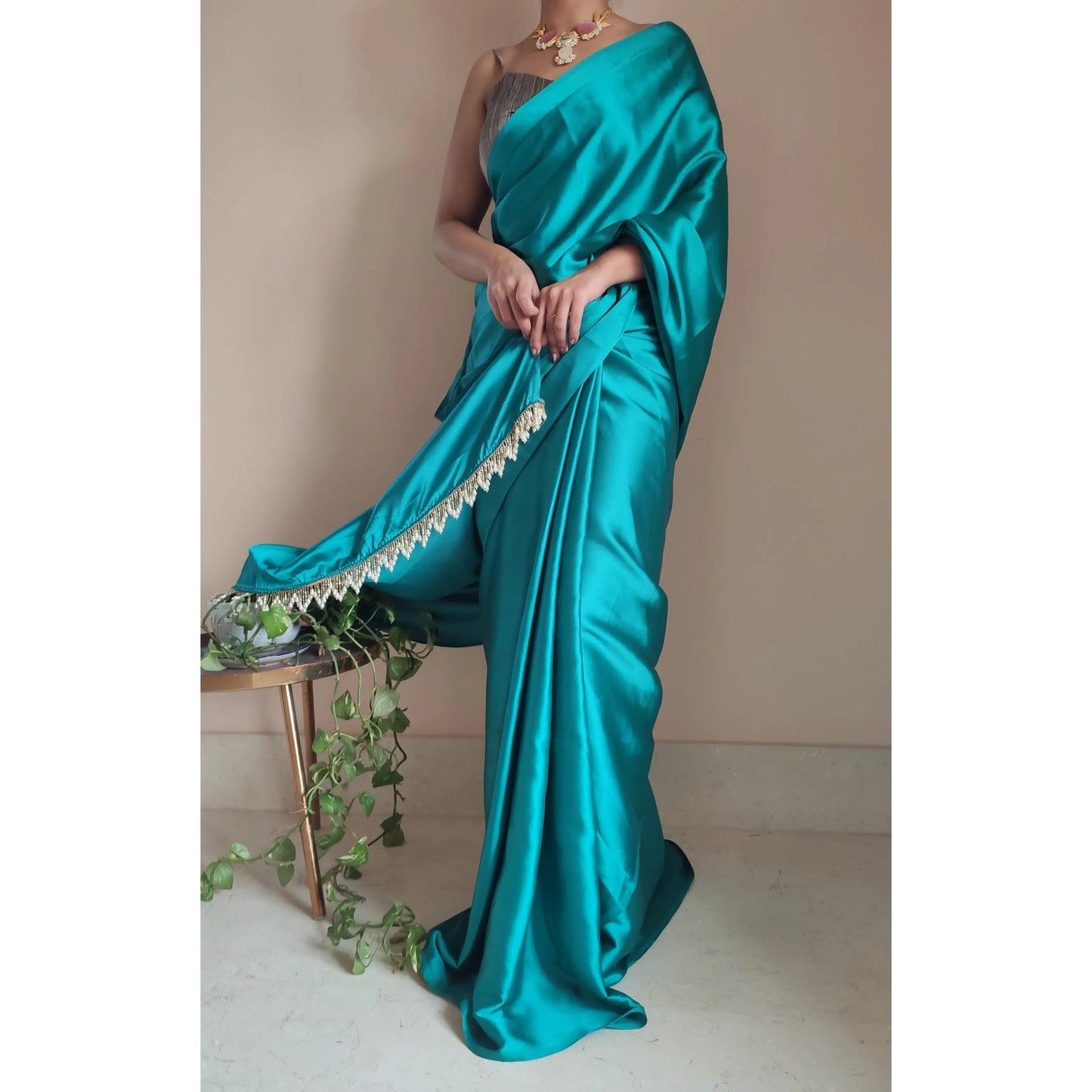 Sea Green Satin Silk Saree With Handmade Tassels On Pallu - kreationbykj