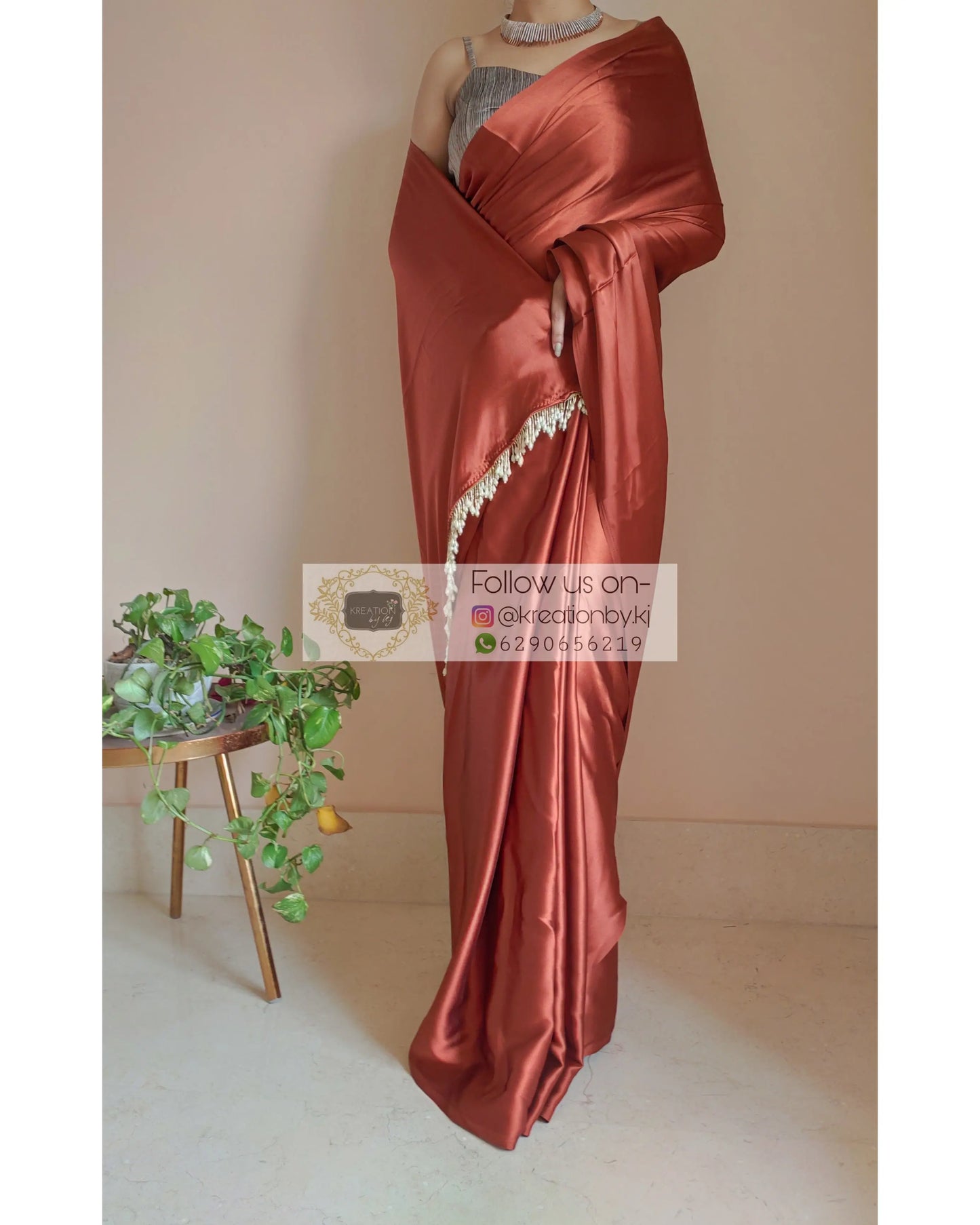 Rust Brown Satin Silk Saree With Handmade Tassels On Pallu - kreationbykj