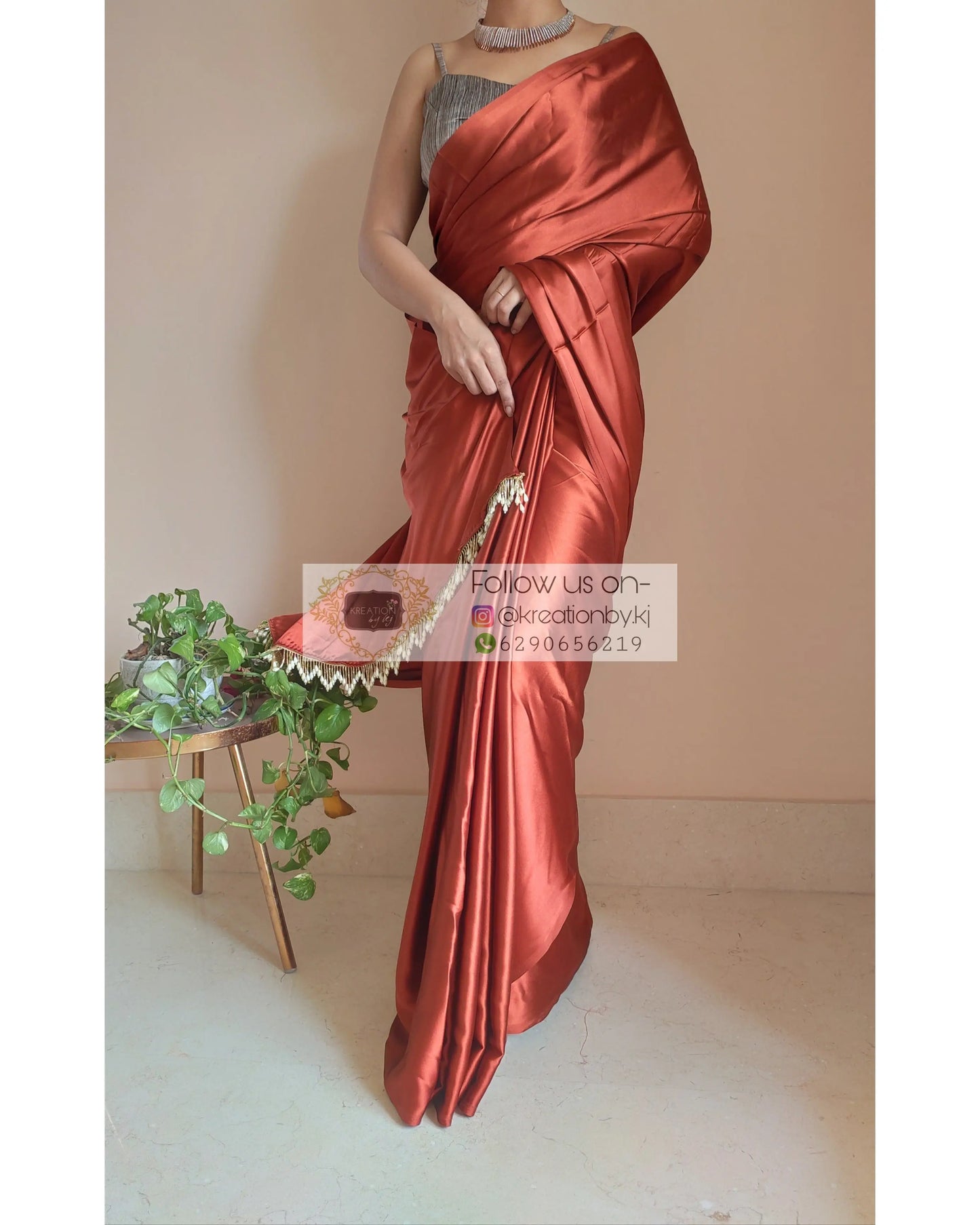 Rust Brown Satin Silk Saree With Handmade Tassels On Pallu - kreationbykj