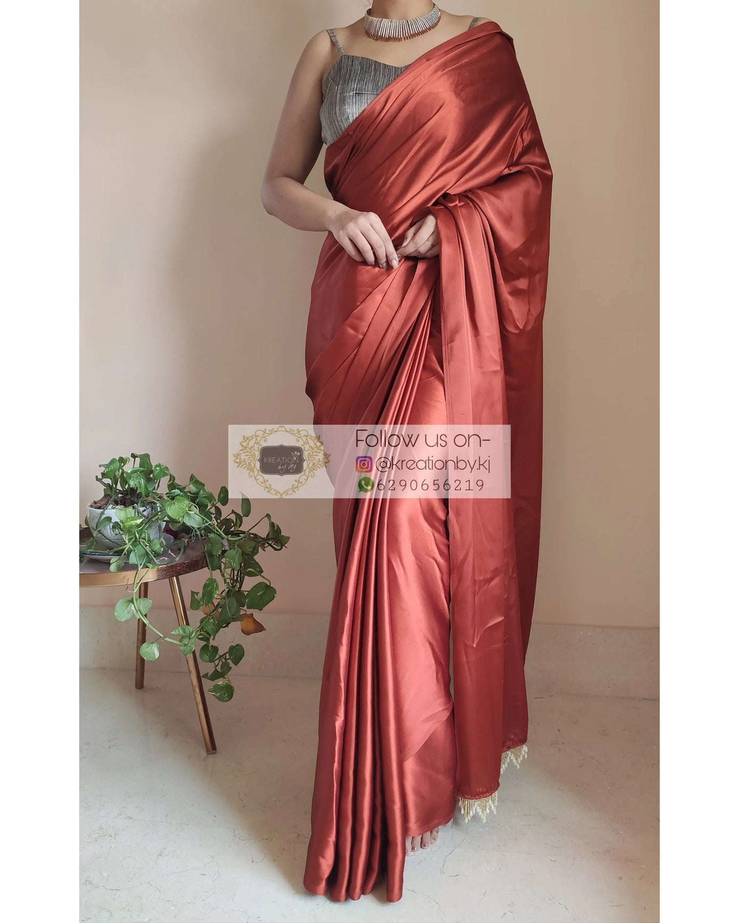 Rust Brown Satin Silk Saree With Handmade Tassels On Pallu - kreationbykj