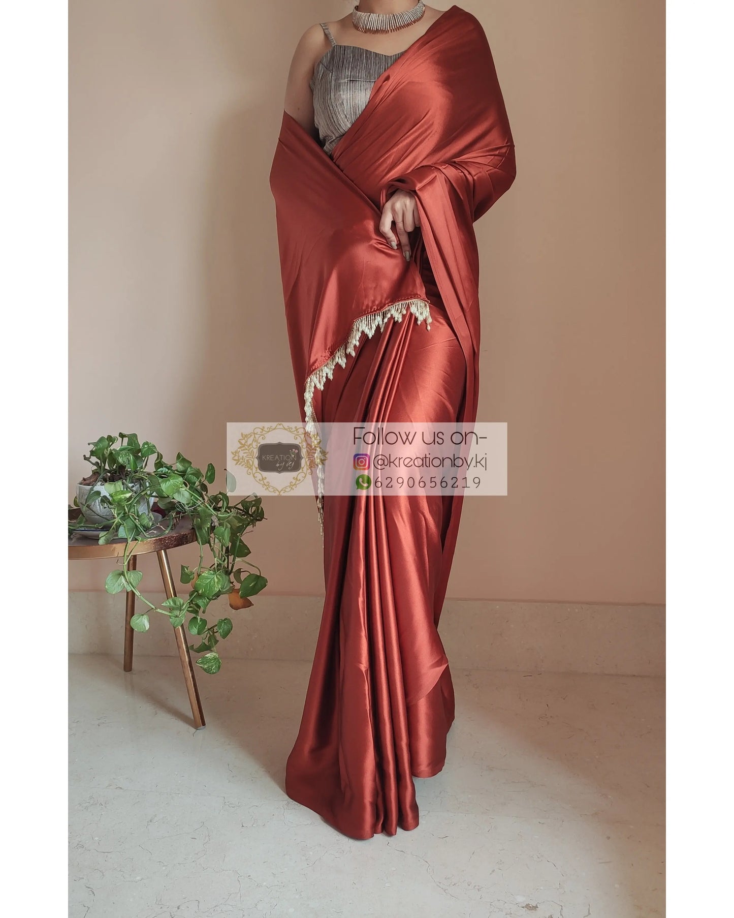 Rust Brown Satin Silk Saree With Handmade Tassels On Pallu - kreationbykj