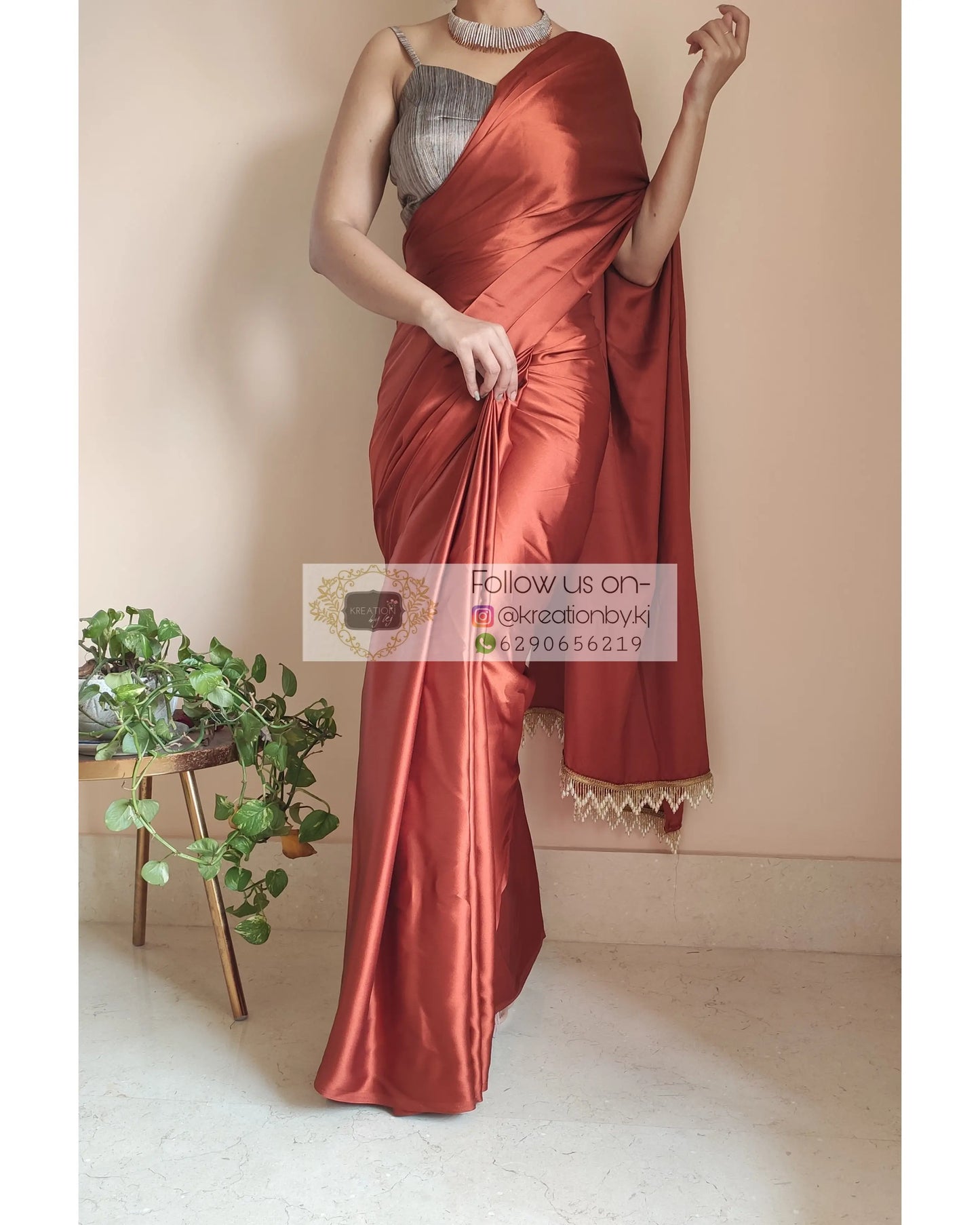 Rust Brown Satin Silk Saree With Handmade Tassels On Pallu - kreationbykj