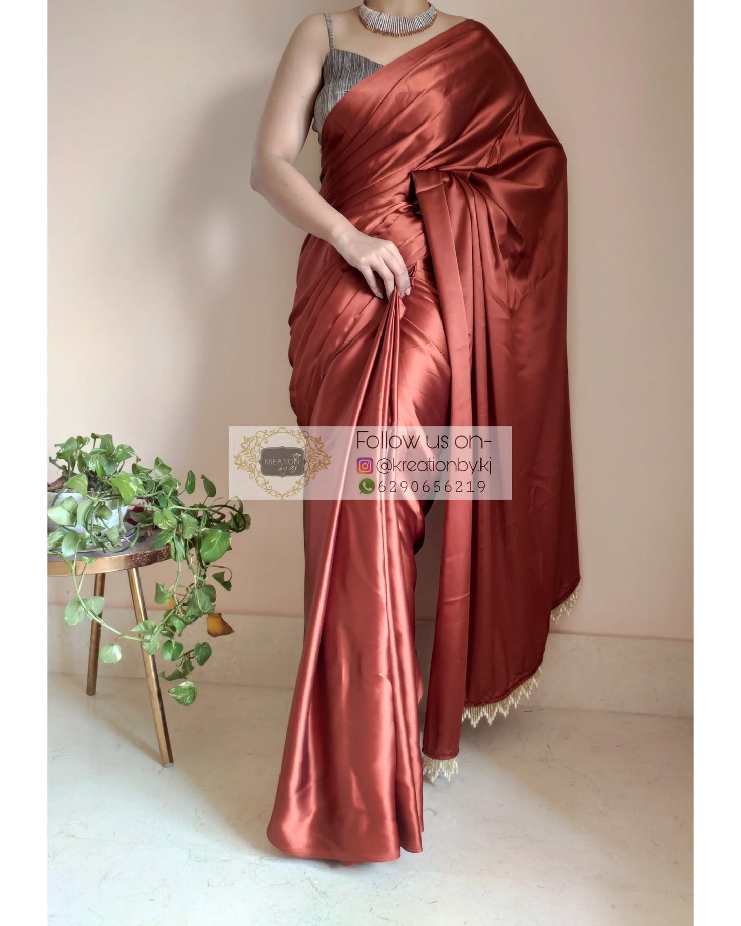 Rust Brown Satin Silk Saree With Handmade Tassels On Pallu - kreationbykj
