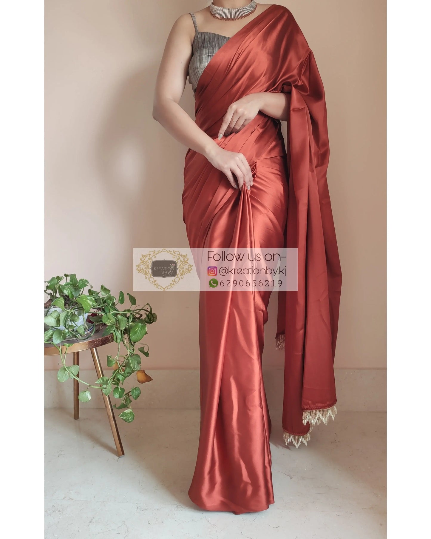 Rust Brown Satin Silk Saree With Handmade Tassels On Pallu - kreationbykj