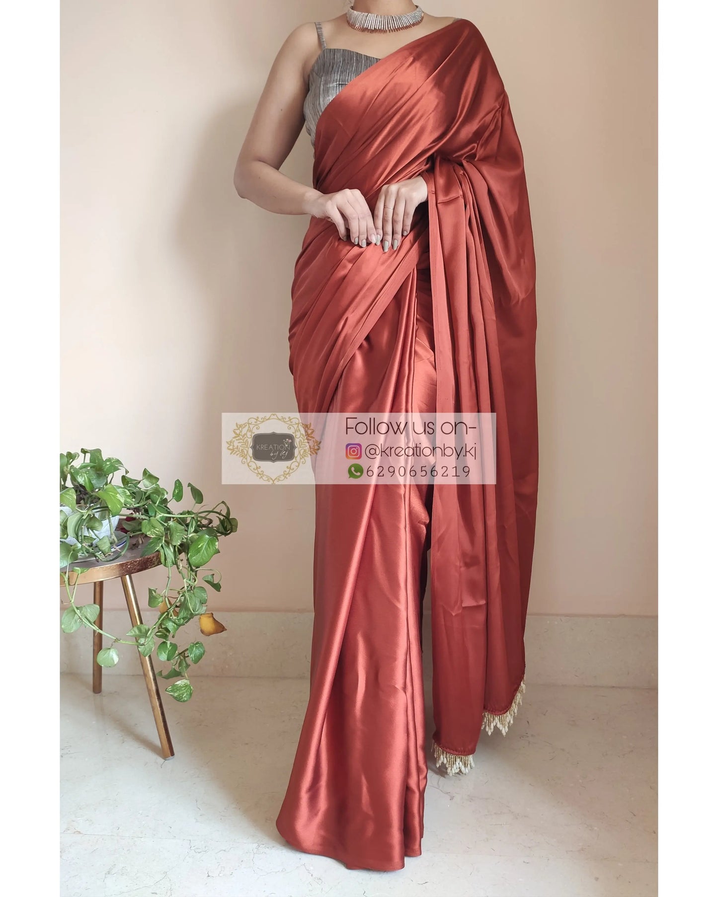 Rust Brown Satin Silk Saree With Handmade Tassels On Pallu - kreationbykj