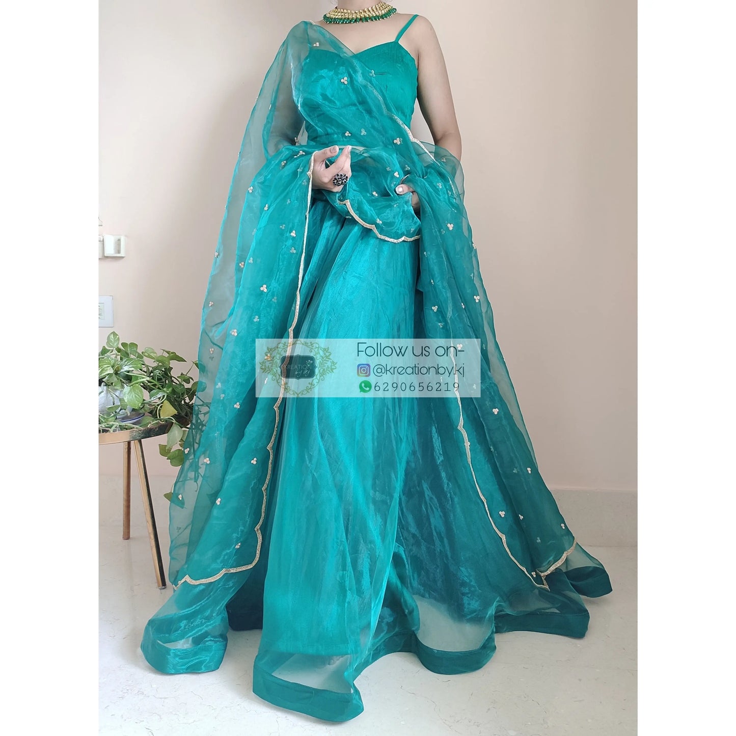 Teal Blue Glass Tissue Dupatta With Scallops - kreationbykj