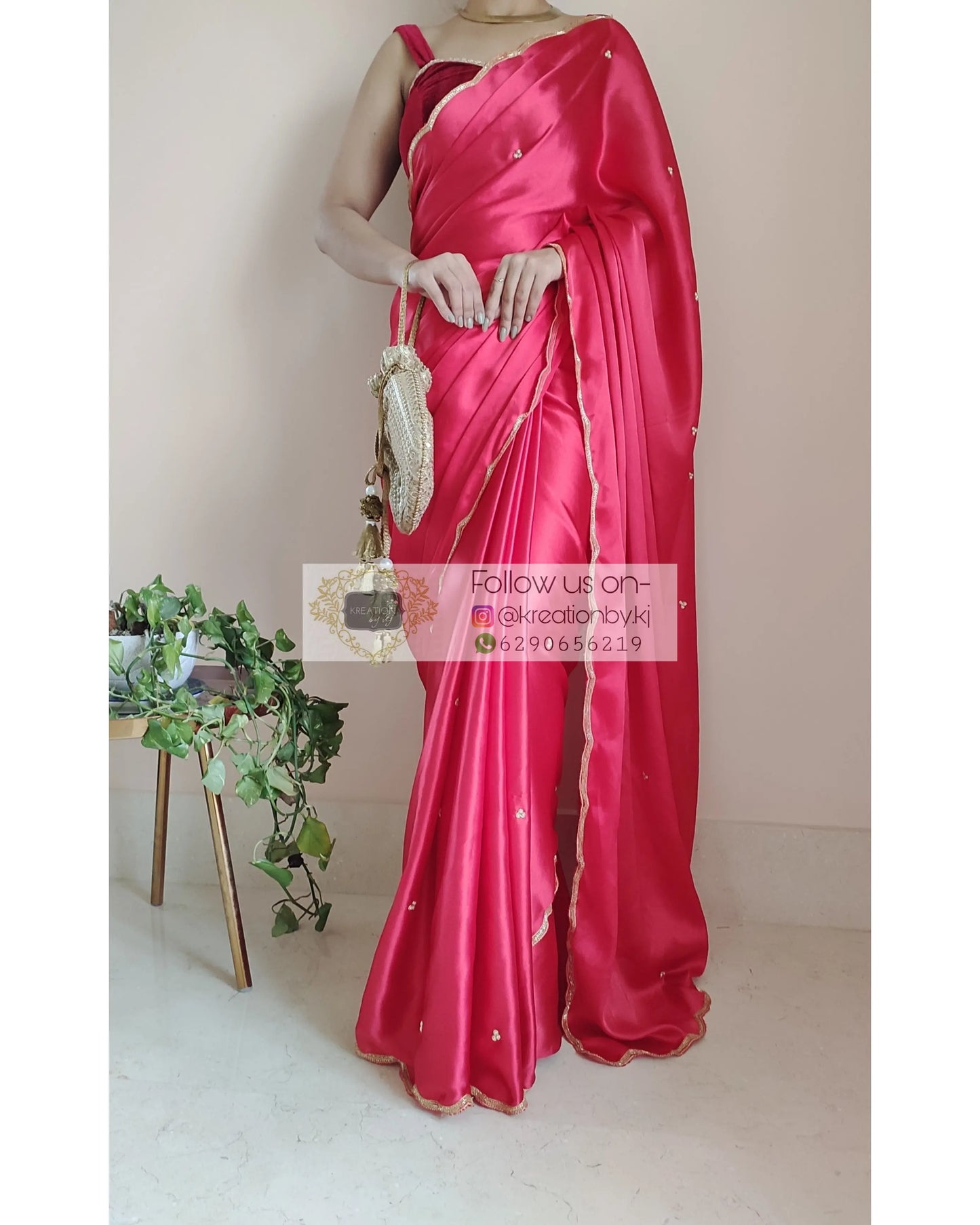 Crimson Red Satin Silk Saree With Handembroidered Scalloping - kreationbykj