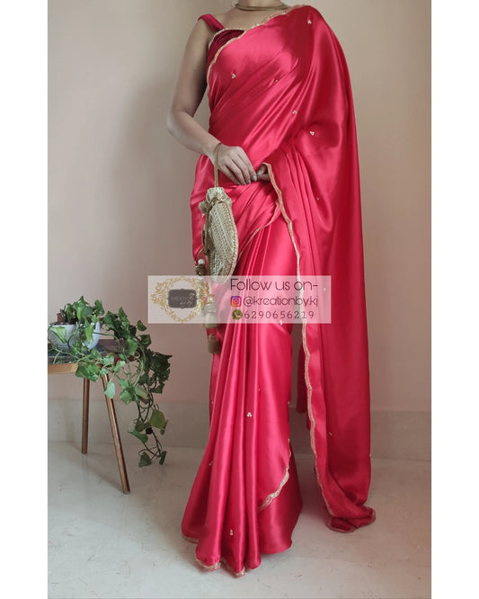 Crimson Red Satin Silk Saree With Handembroidered Scalloping - kreationbykj