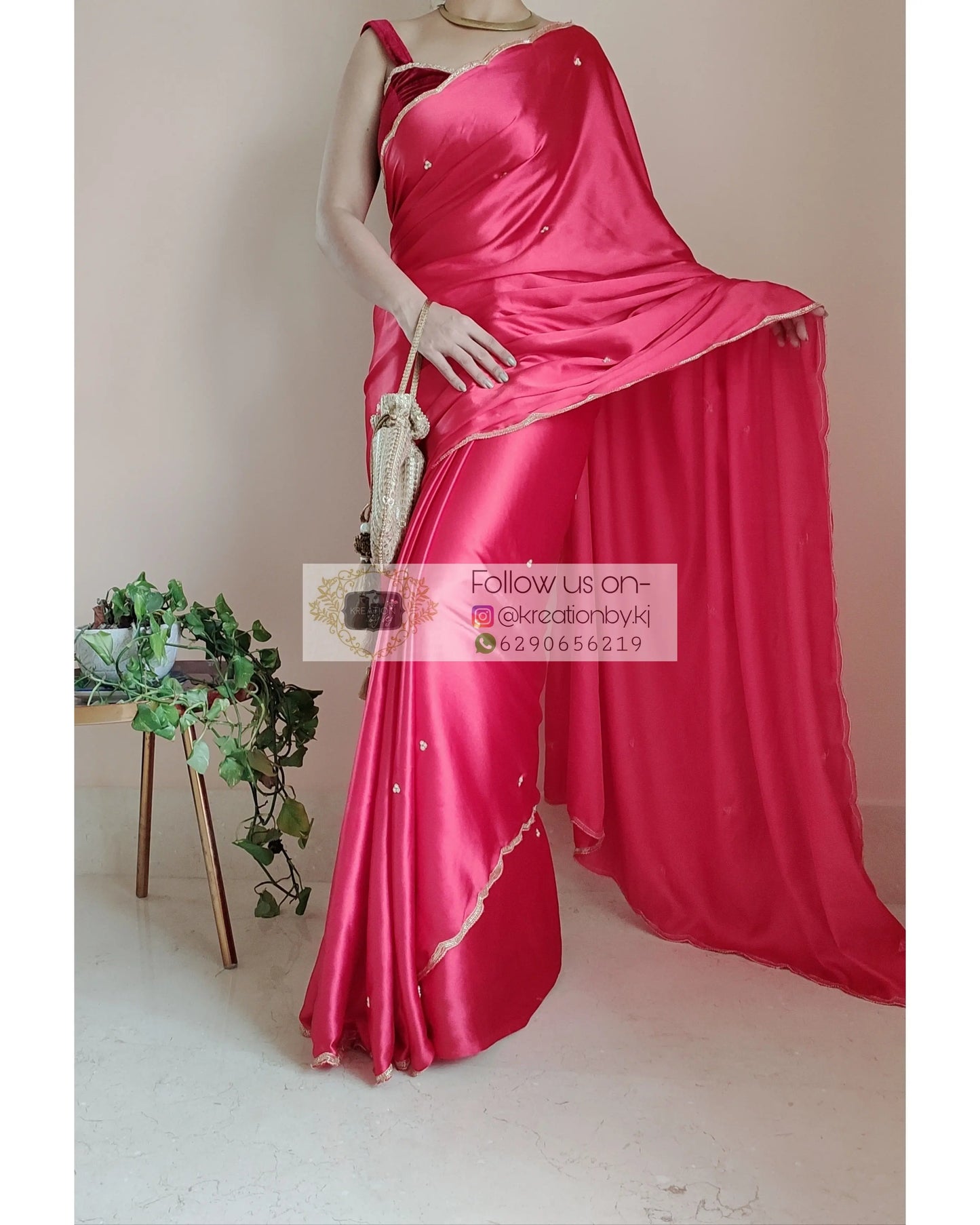 Crimson Red Satin Silk Saree With Handembroidered Scalloping - kreationbykj
