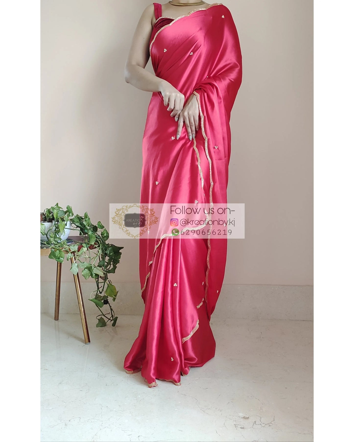 Crimson Red Satin Silk Saree With Handembroidered Scalloping - kreationbykj
