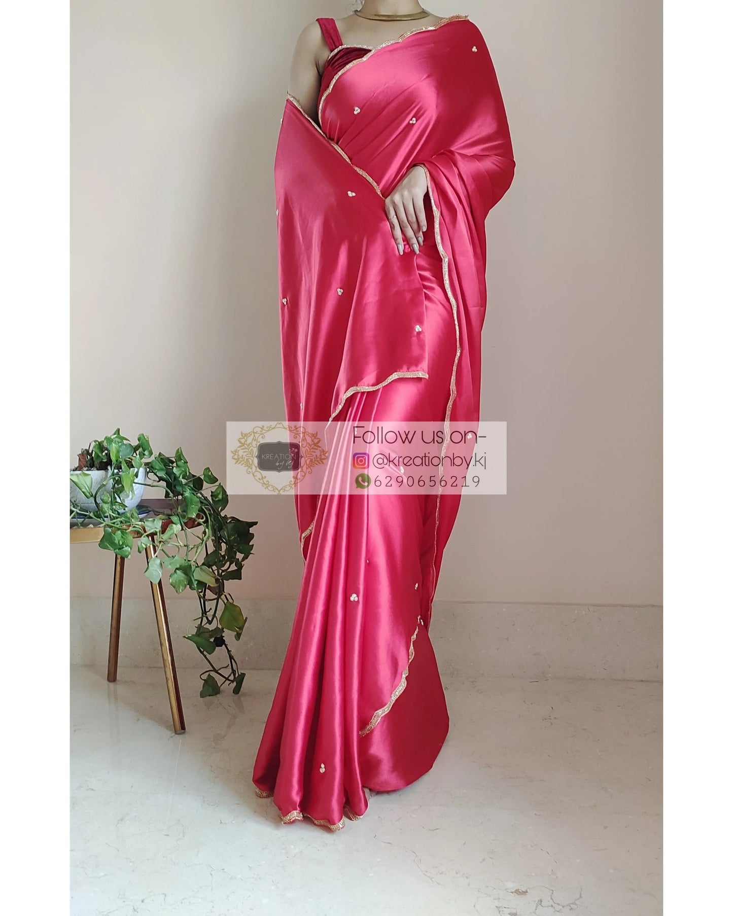Crimson Red Satin Silk Saree With Handembroidered Scalloping - kreationbykj