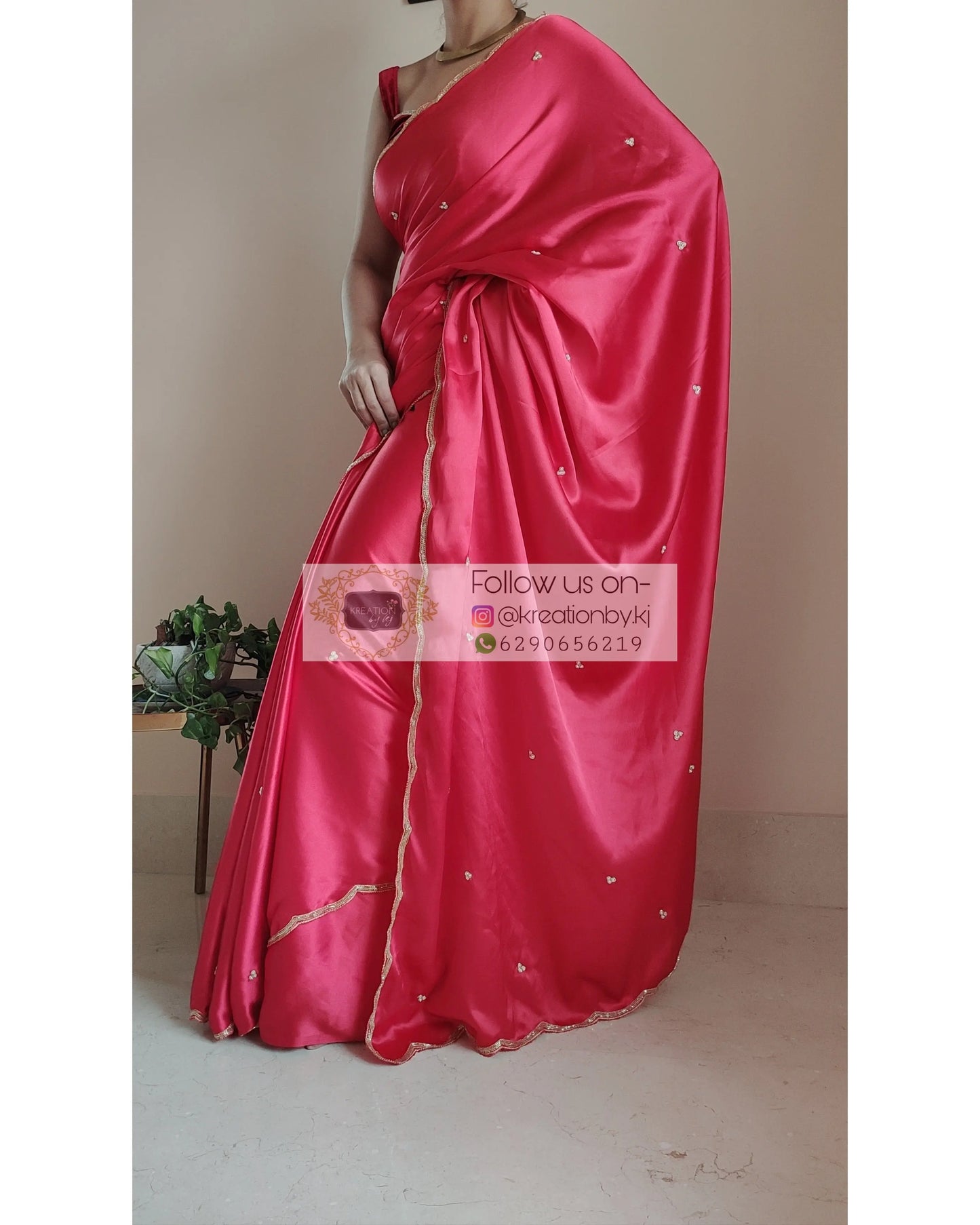 Crimson Red Satin Silk Saree With Handembroidered Scalloping - kreationbykj